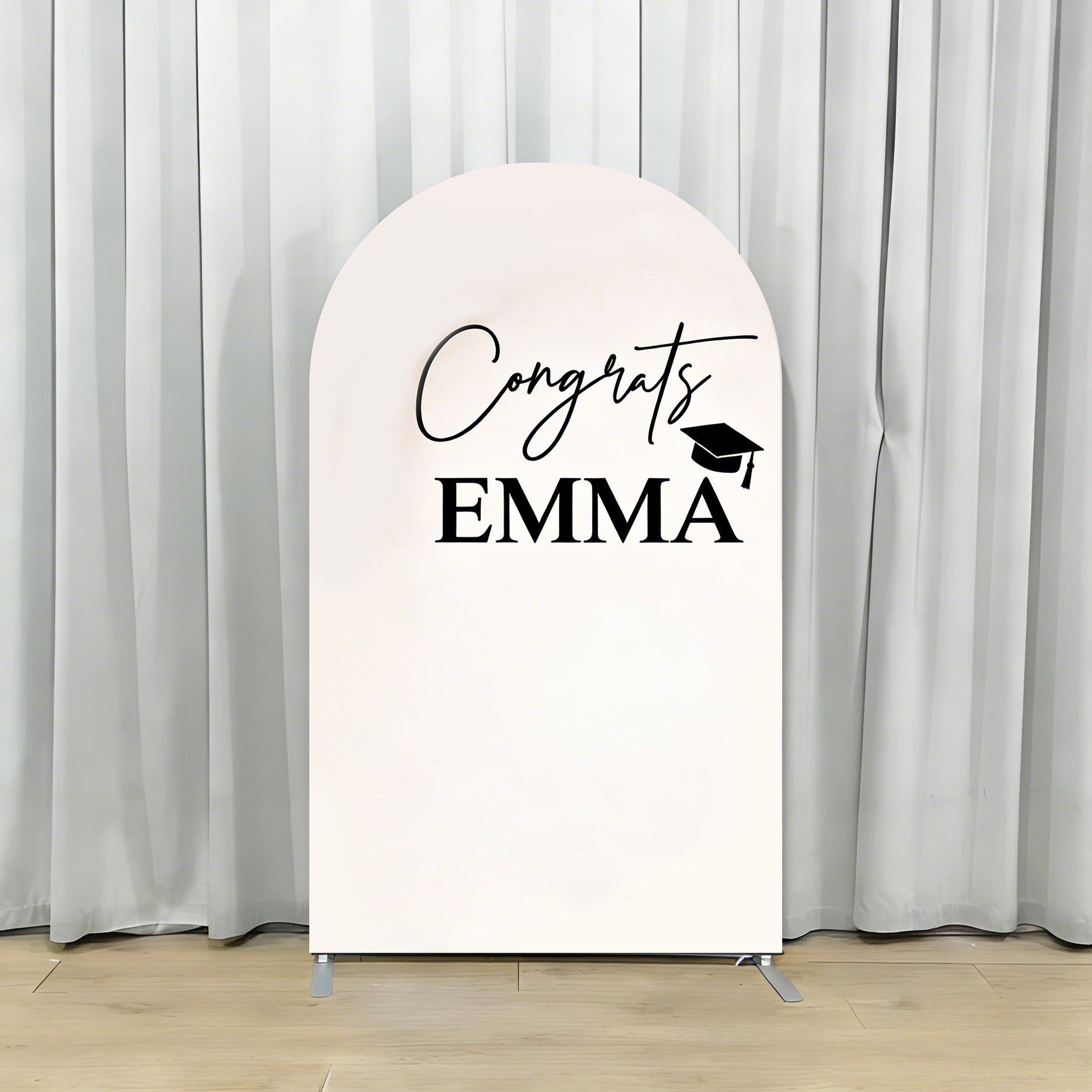 Fabric Graduation Arch Backdrop White Black Cap Script Premium Fabric Graduation Arch Backdrop RR64-2