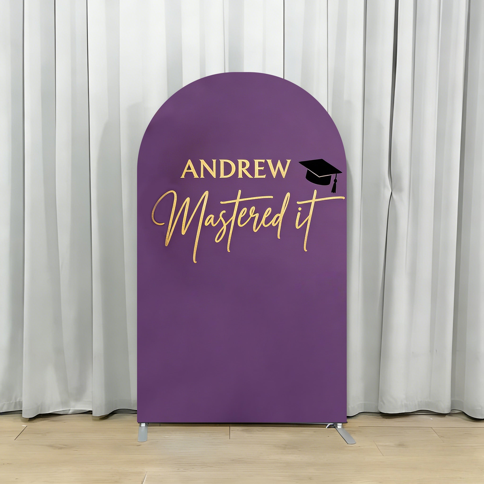 Graduation Balloon Arch Backdrop Purple Arch Gold Text Graduation Arch Backdrop With Balloons RR64-3