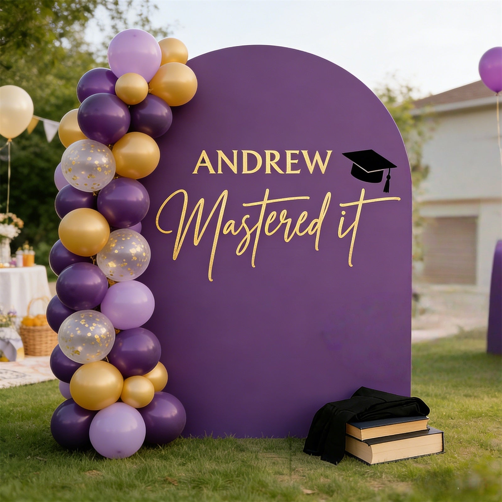 Graduation Balloon Arch Backdrop Purple Arch Gold Text Graduation Arch Backdrop With Balloons RR64-3