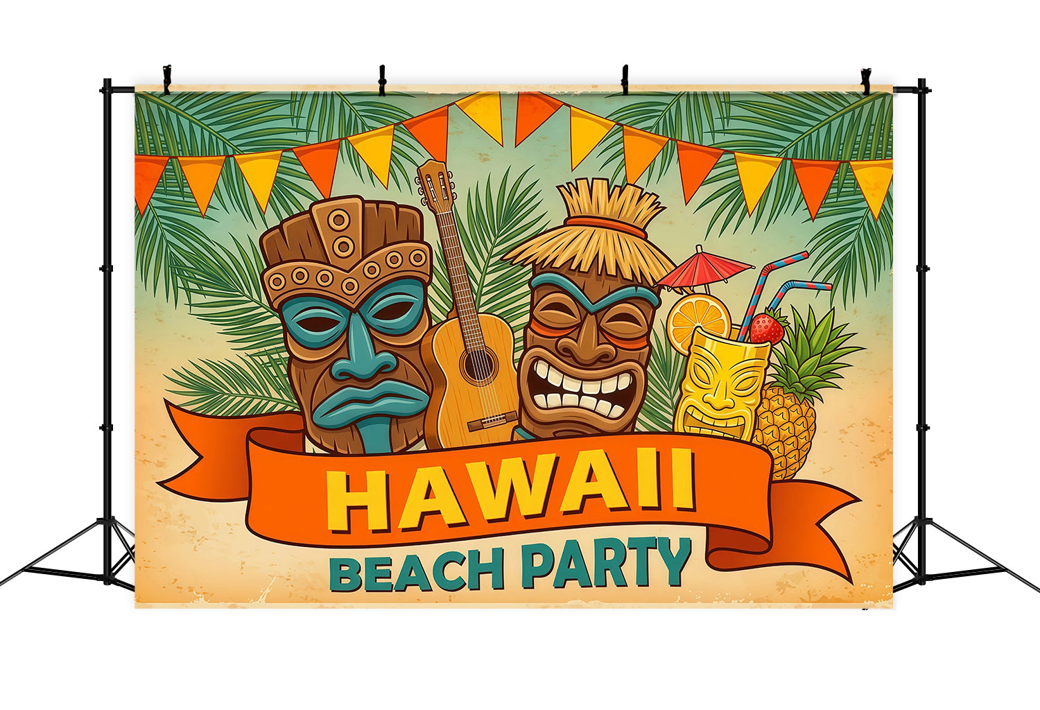 Luau Backdrop Retro Tiki Guitar Pineapple Party Vintage Hawaiian Poster Backdrop RR64-43