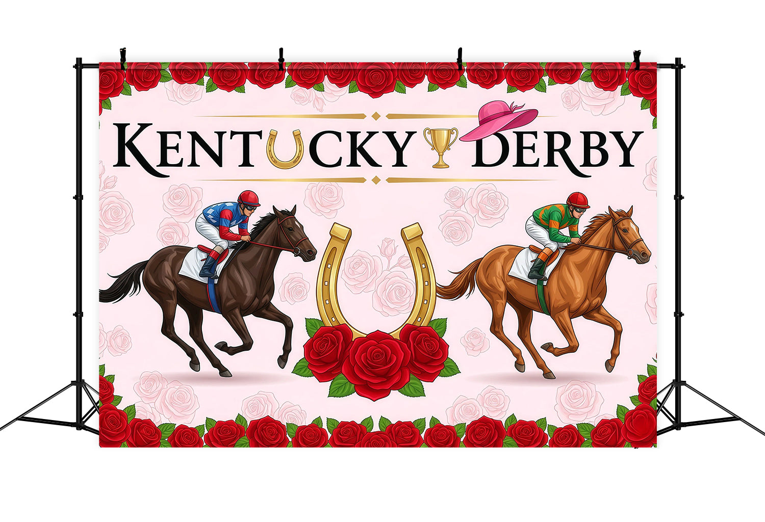 Kentucky Derby Backdrop Pink Jockey Rose Horseshoe Banner Kentucky Derby Backdrops RR64-51
