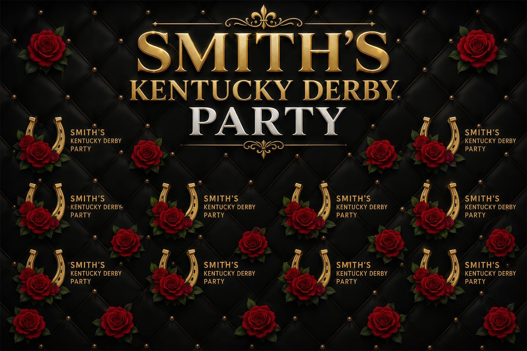 Kentucky Derby Backdrop Black Gold Rose Horseshoe Pattern Kentucky Derby Backdrops RR64-52