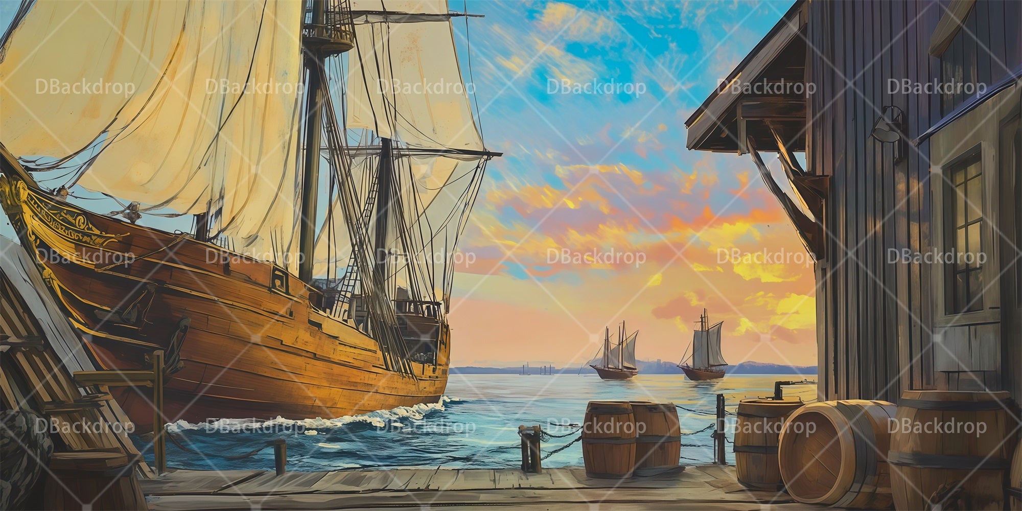 Professional Stage Backdrops Ocean Wharf Dock Theater Backdrop RR66-T73