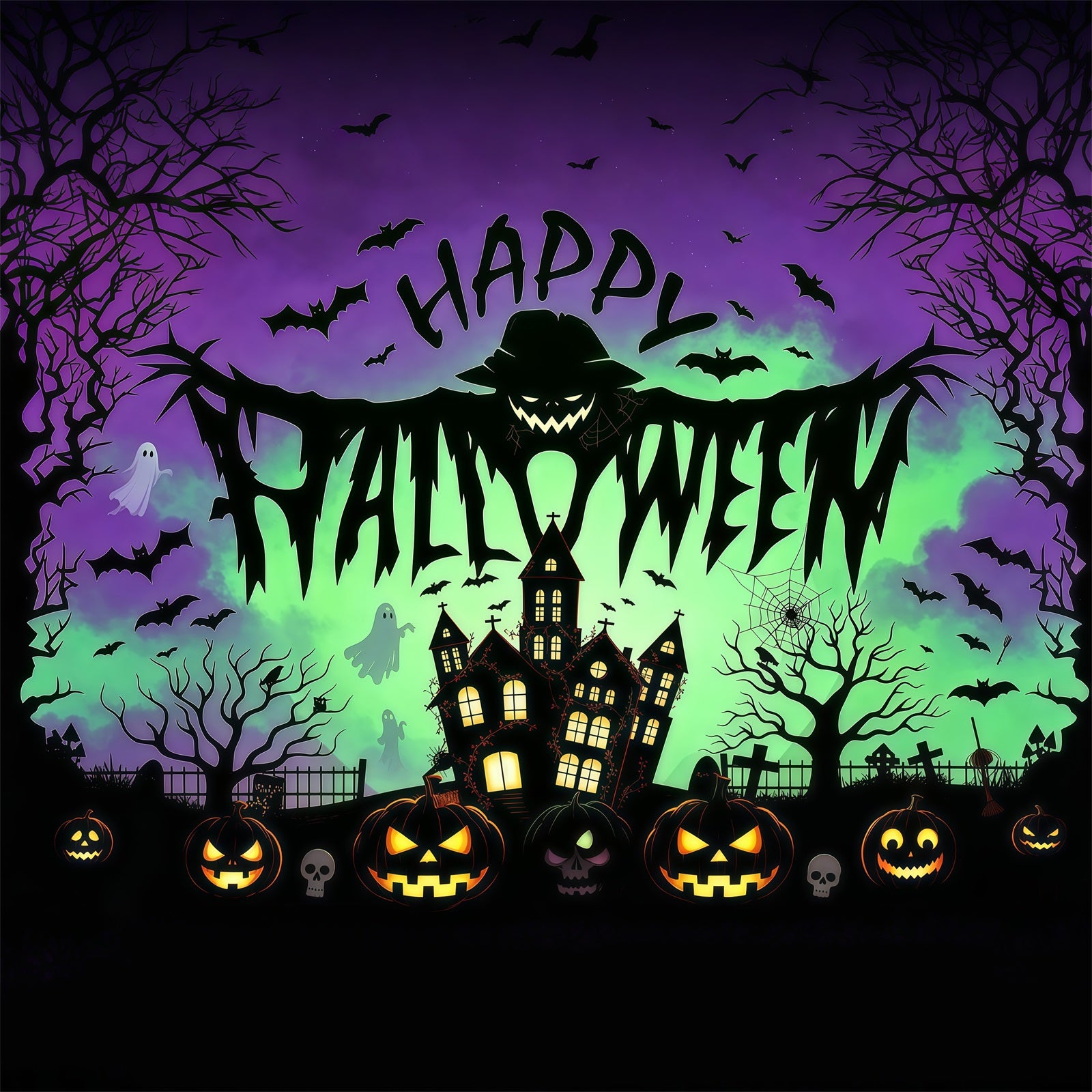 Halloween Party Picture Backdrop Scarecrow Haunted House Pumpkins Halloween Backdrop RR67-1