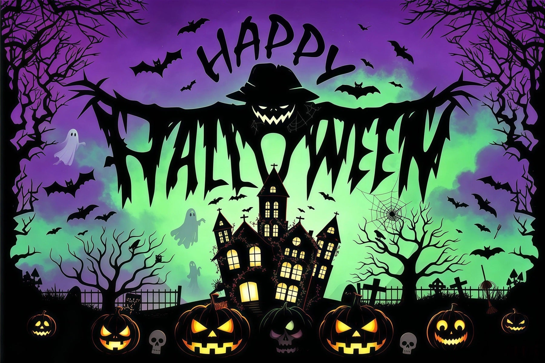 Halloween Party Picture Backdrop Scarecrow Haunted House Pumpkins Halloween Backdrop RR67-1