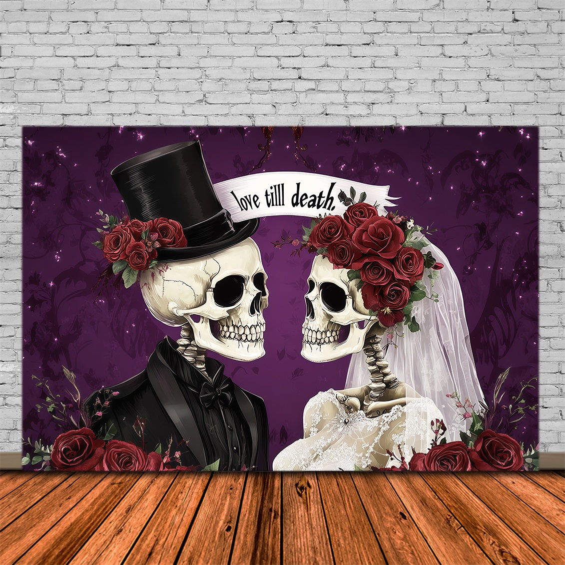 Halloween Wedding Backdrop Skeleton Couples Rose Couple Halloween Photo Backdrop RR67-103