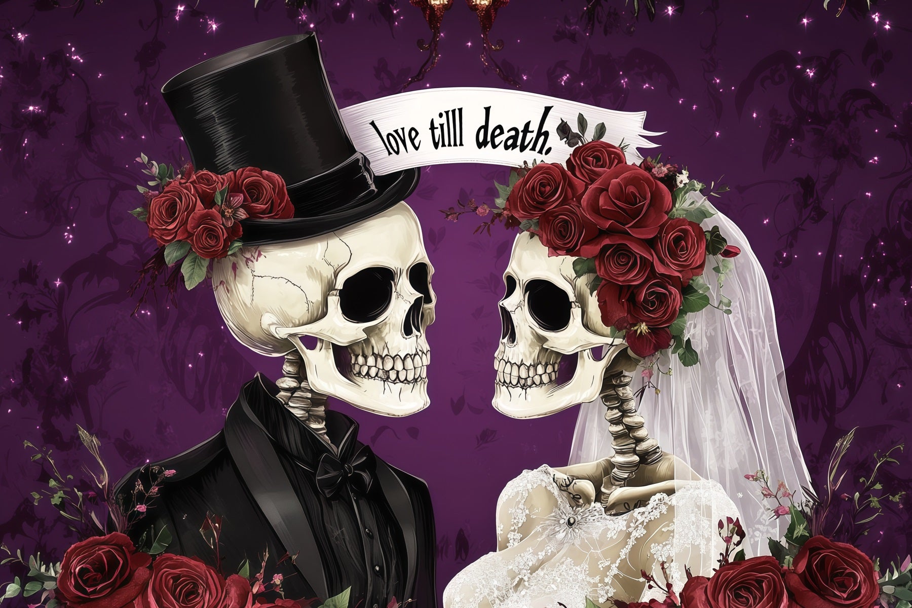 Halloween Wedding Backdrop Skeleton Couples Rose Couple Halloween Photo Backdrop RR67-103