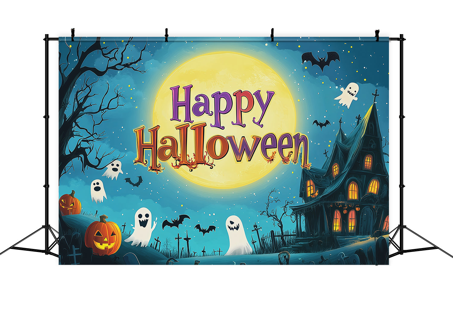 Halloween Party Backdrops Cartoon Moon Ghost House Halloween Photo Booth Backdrop RR67-107