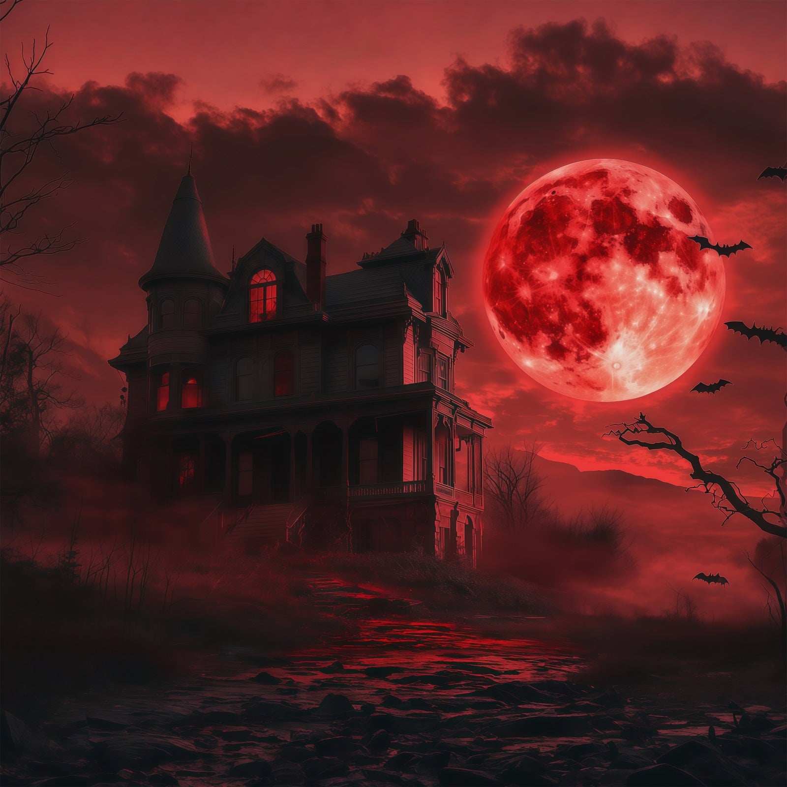 Halloween Moon Backdrop Blood Sky Haunted Mansion Halloween Photo Backdrops RR67-108