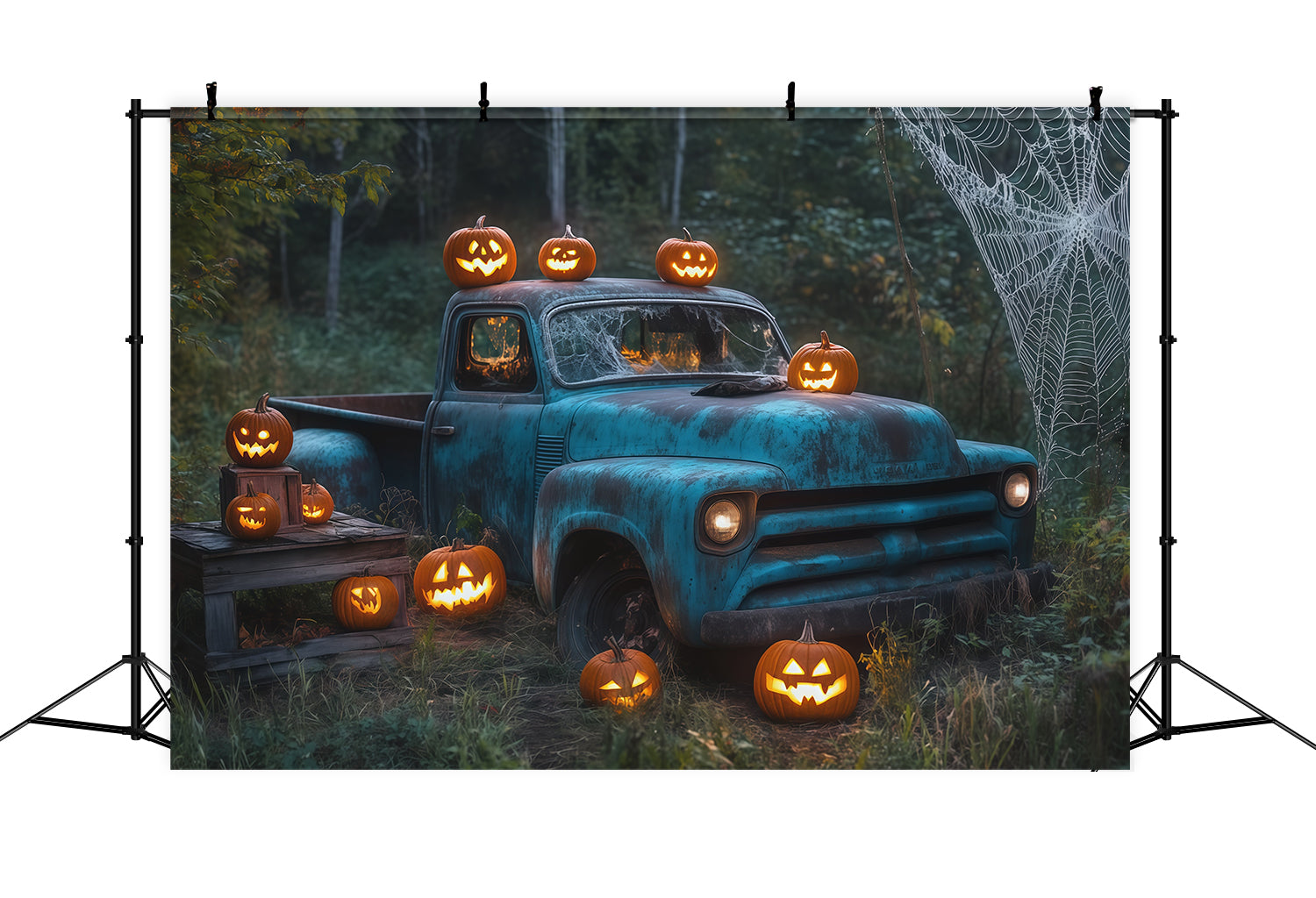 Outdoor Halloween Backdrop Vintage Truck Pumpkin Web Spooky Halloween Backdrop RR67-109