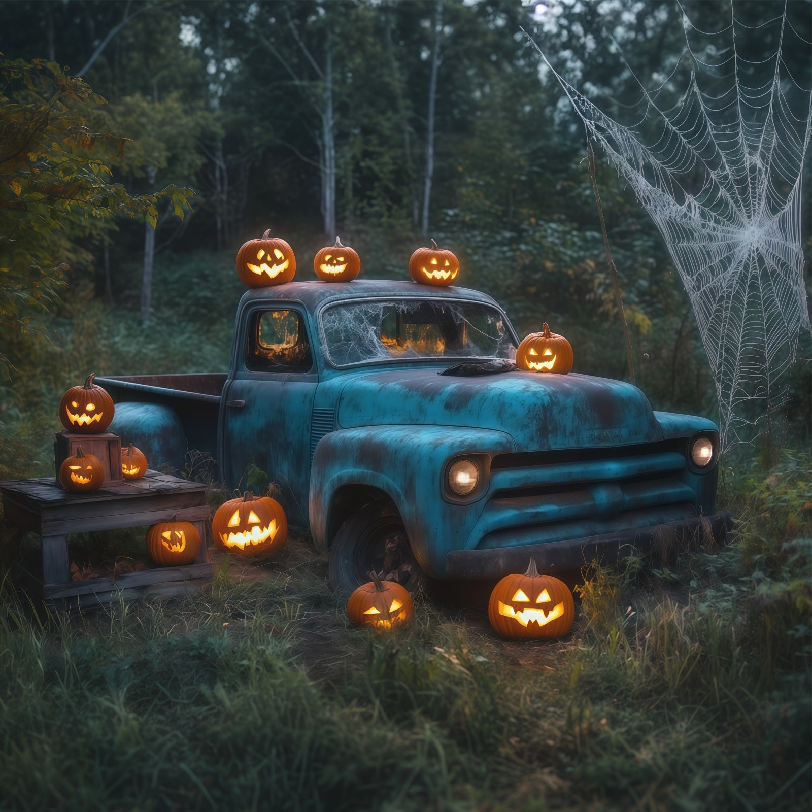 Outdoor Halloween Backdrop Vintage Truck Pumpkin Web Spooky Halloween Backdrop RR67-109