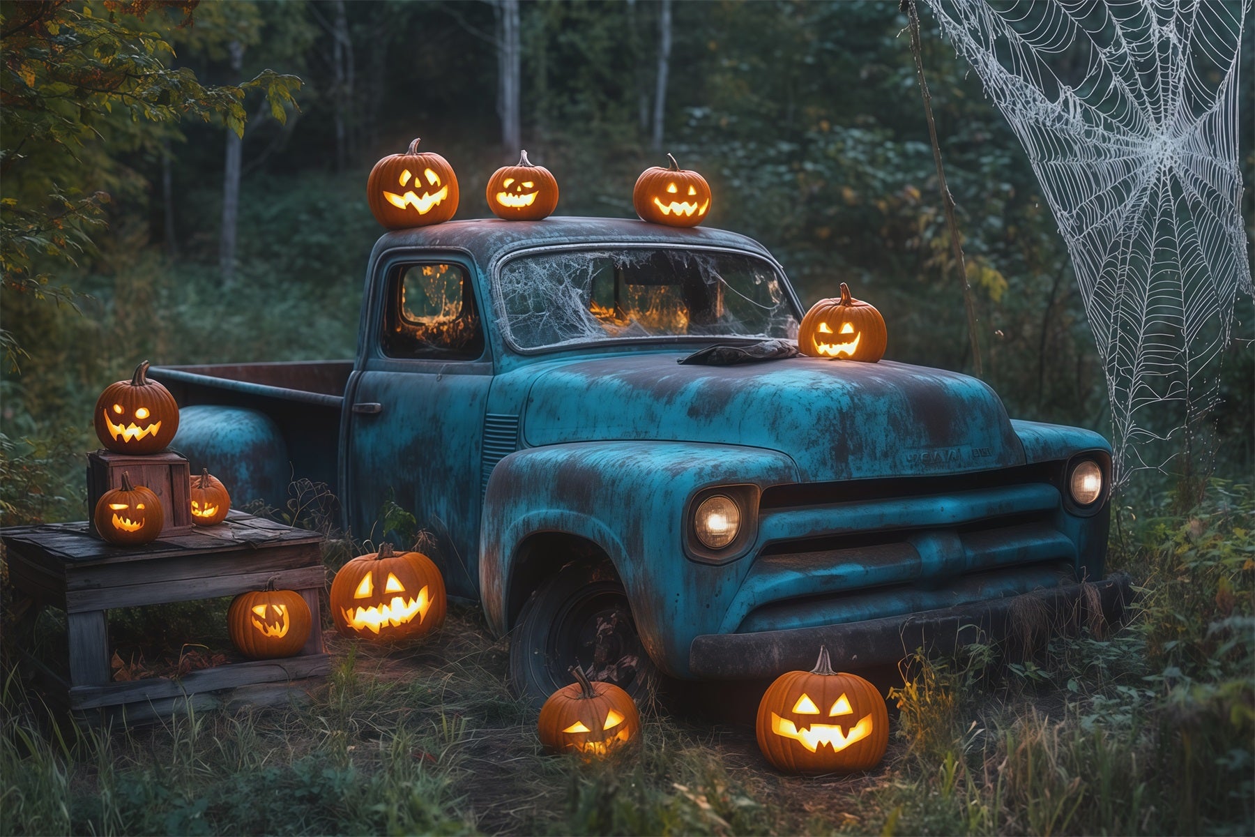 Outdoor Halloween Backdrop Vintage Truck Pumpkin Web Spooky Halloween Backdrop RR67-109