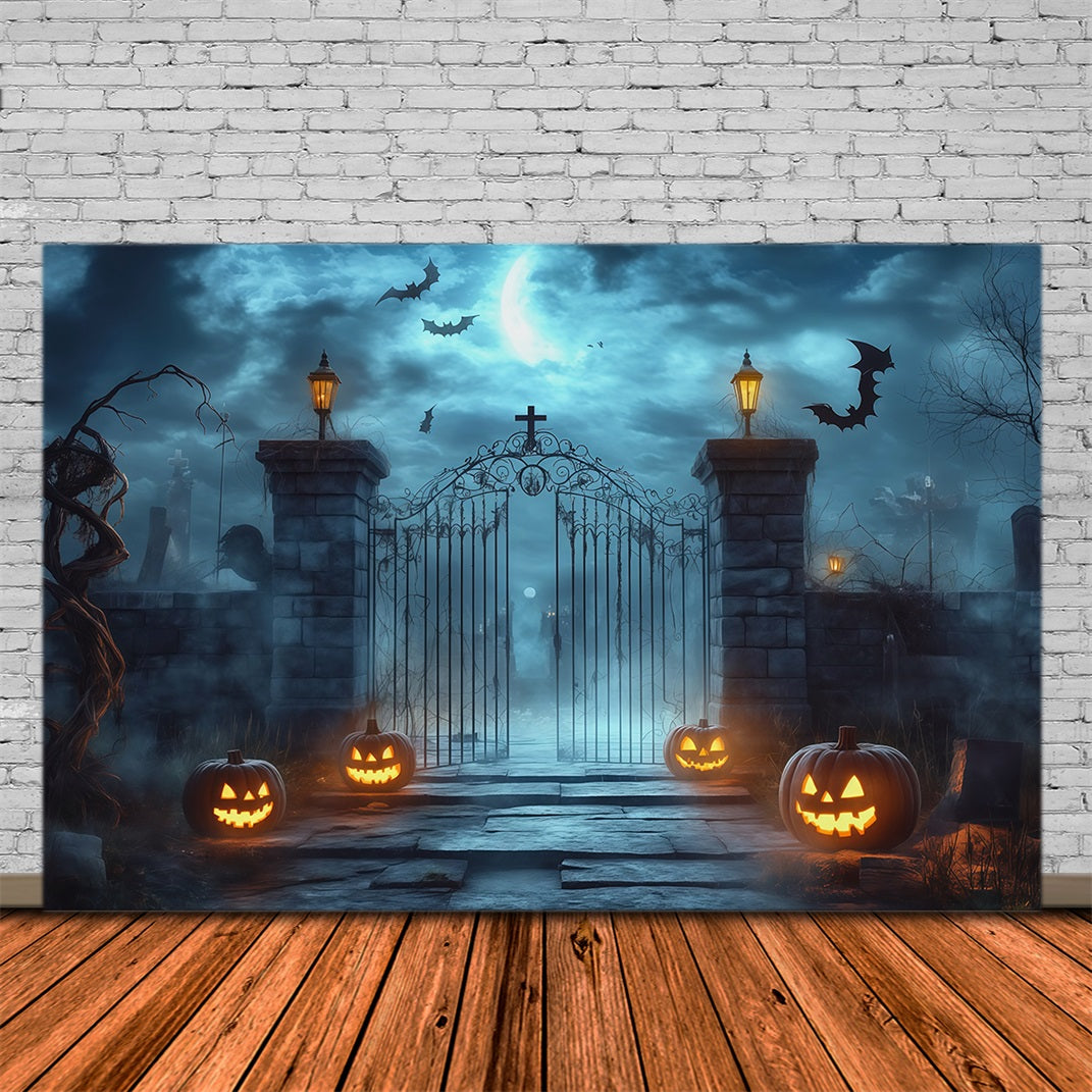 Halloween Outdoor Backdrop Foggy Cemetery Gate Pumpkins Halloween Backdrops For Photos RR67-11