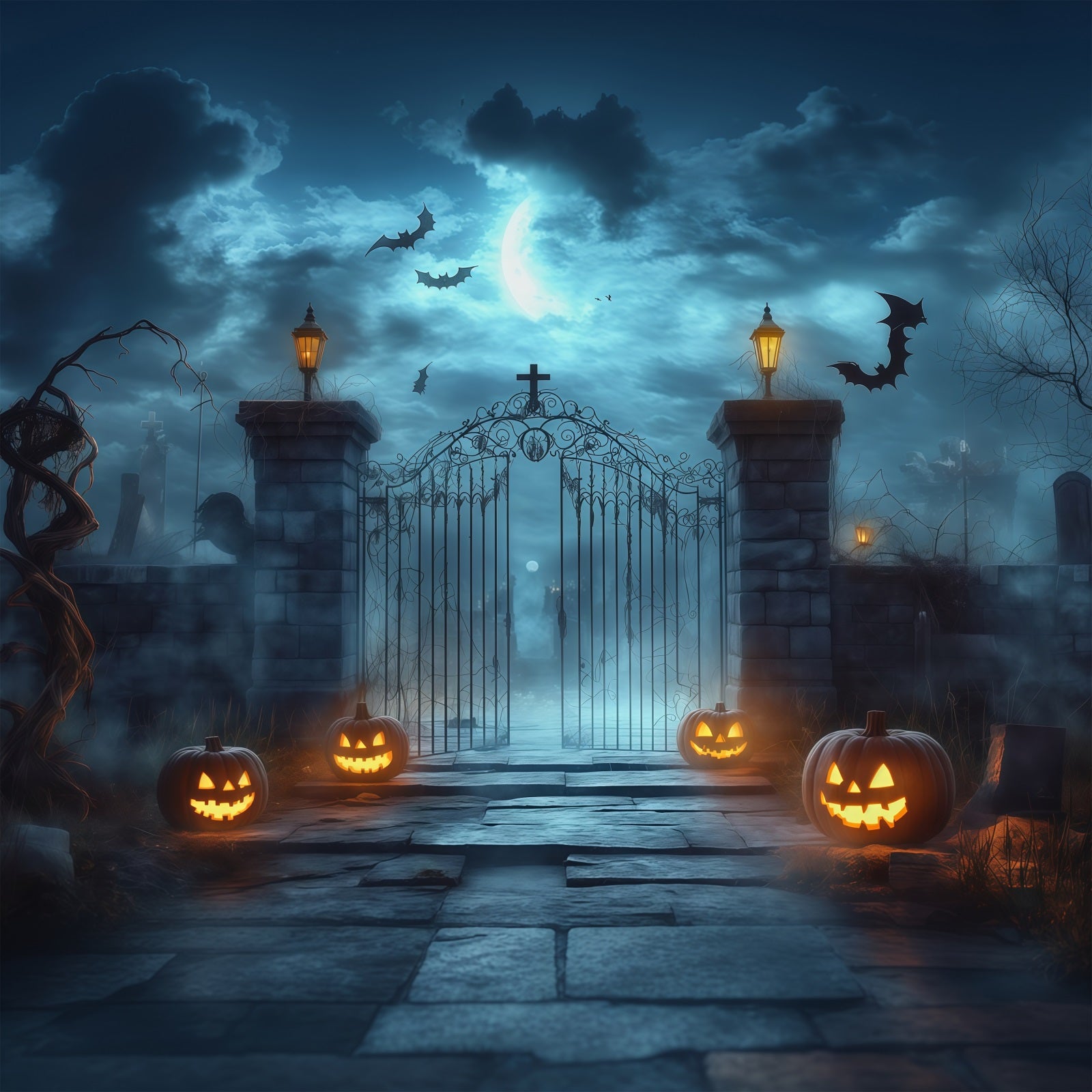 Halloween Outdoor Backdrop Foggy Cemetery Gate Pumpkins Halloween Backdrops For Photos RR67-11