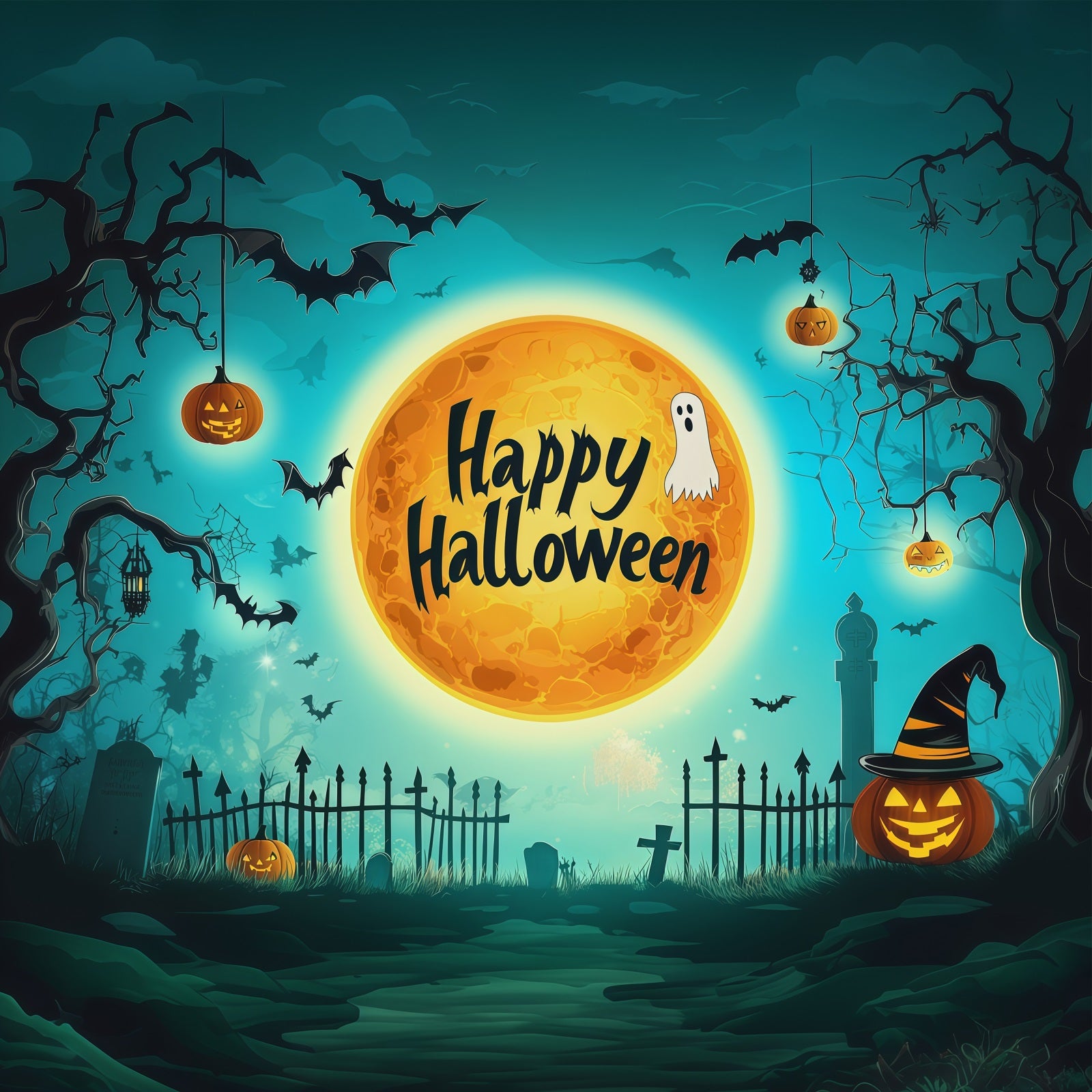 Halloween Backdrop Photo Teal Moon Cemetery Silhouette Halloween Party Backdrop RR67-110