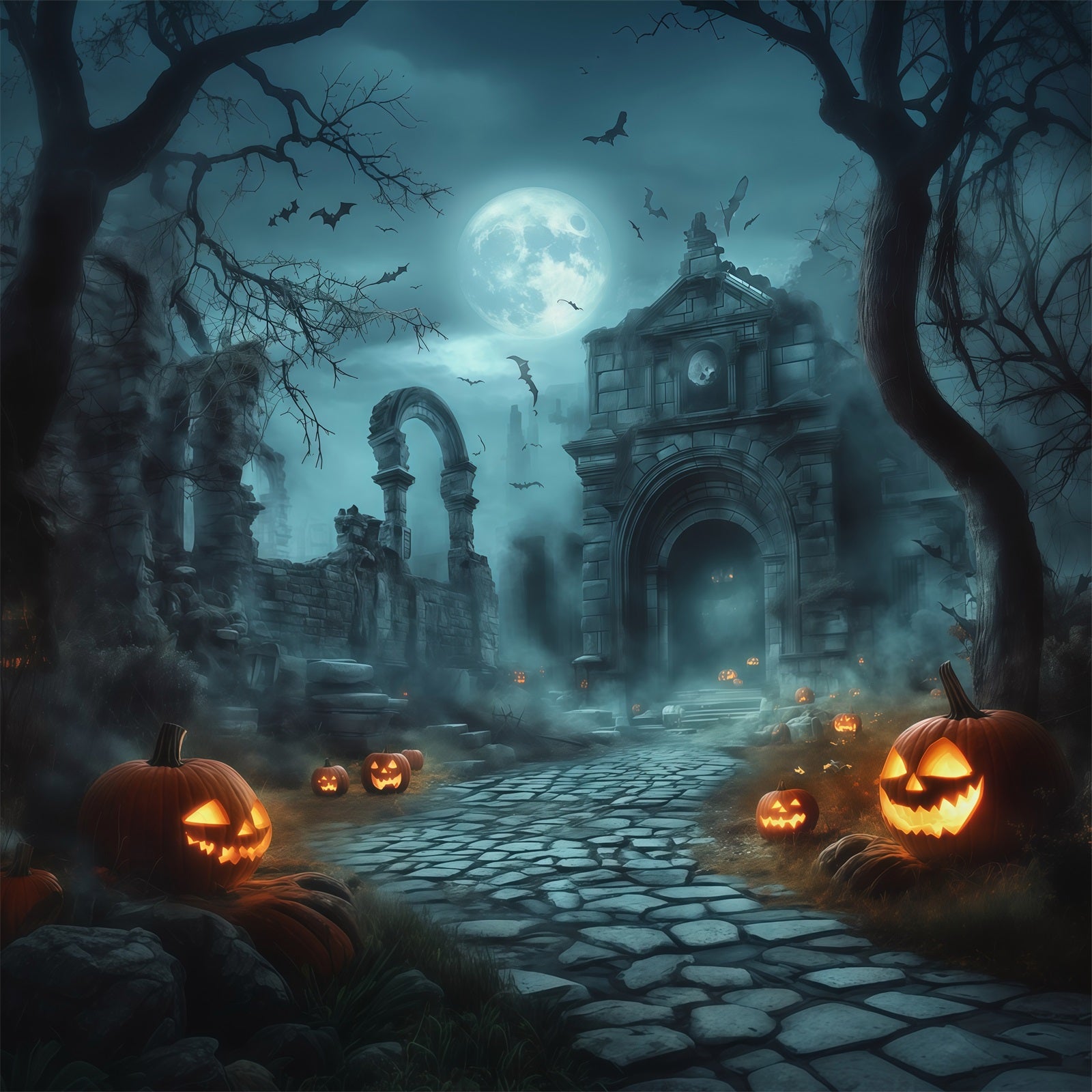 Halloween Outdoor Backdrop Moonlit Ruins Pumpkin Path Halloween Backdrops For Photos RR67-111
