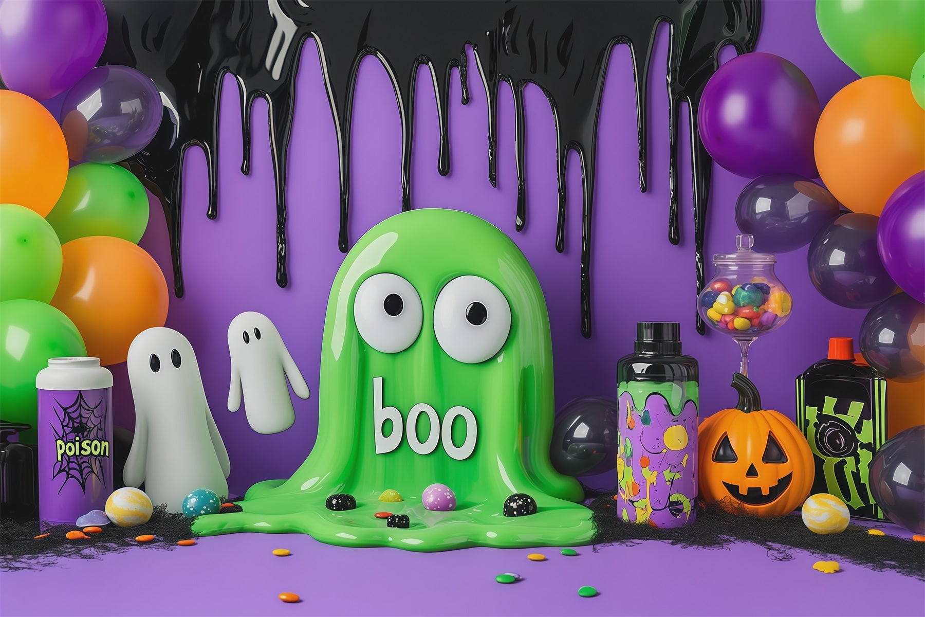 Cute Halloween Photo Backdrop Green Slime Ghost Party Backdrop Halloween RR67-113