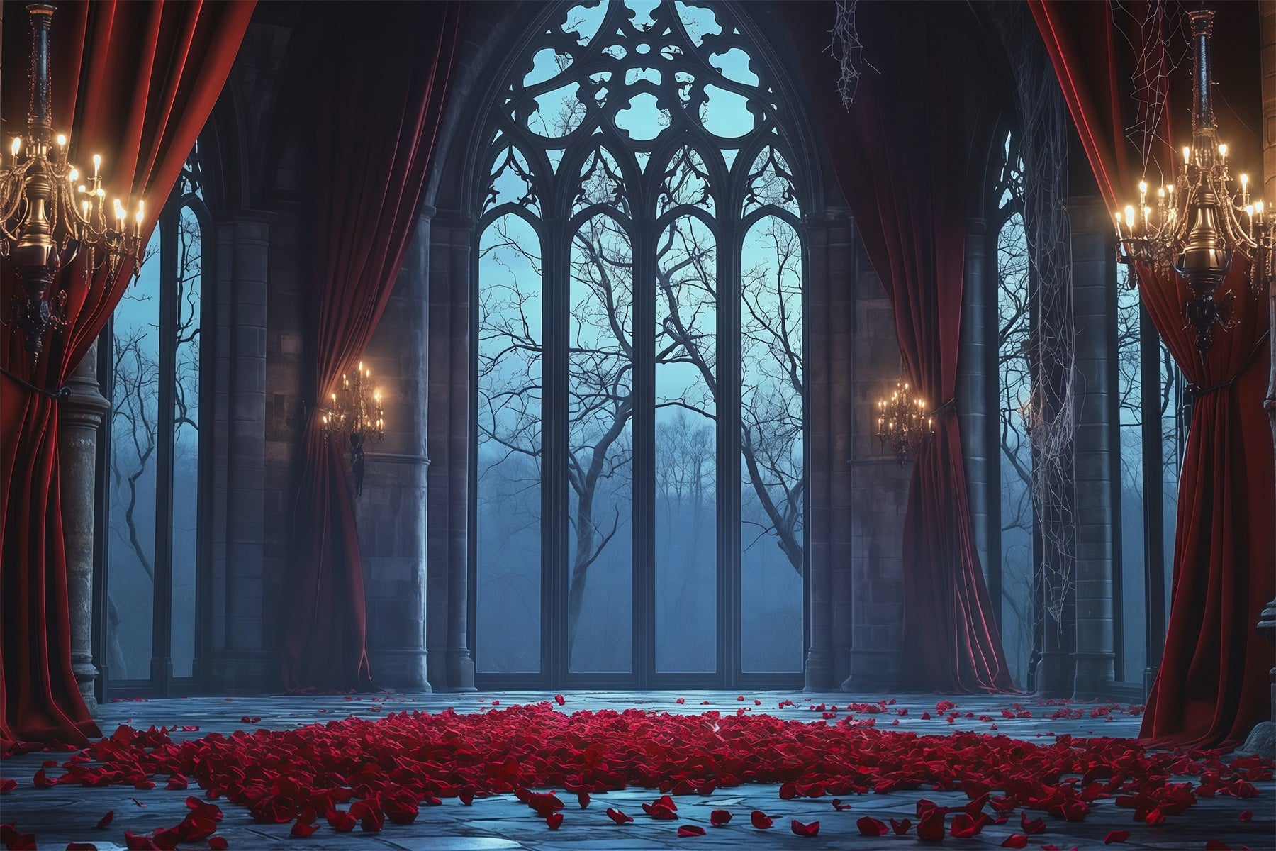 Halloween Castle Backdrop Gothic Rose Window Hall Large Halloween Backdrop RR67-116