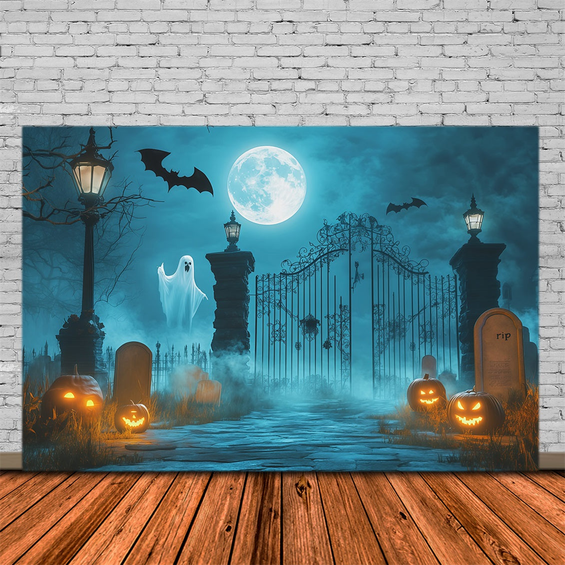 Halloween Ghost Backdrop Moonlit Ghost Cemetery Gate Scary Halloween Backdrop RR67-118