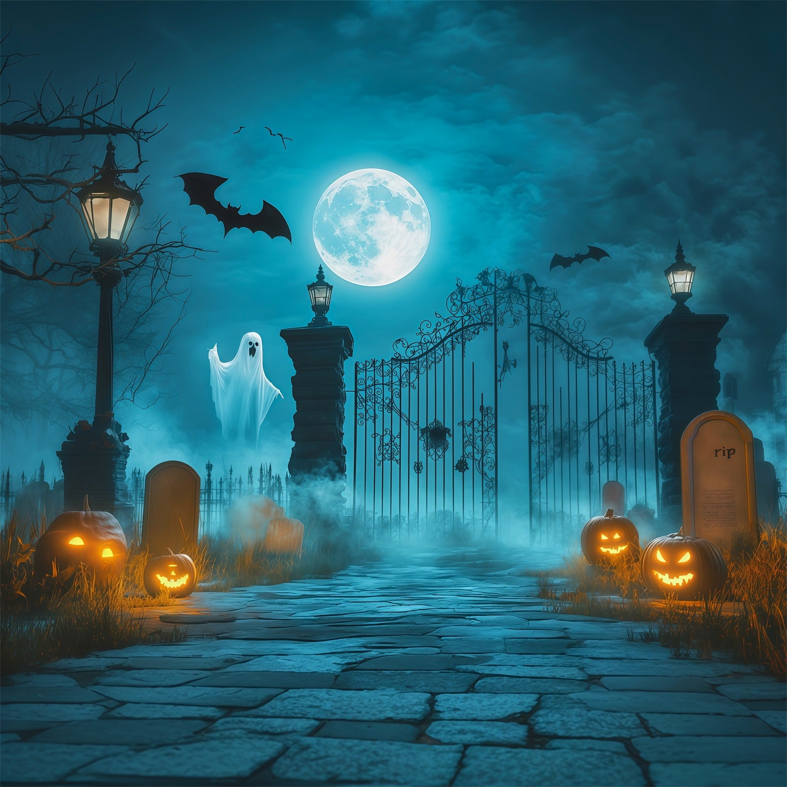 Halloween Ghost Backdrop Moonlit Ghost Cemetery Gate Scary Halloween Backdrop RR67-118