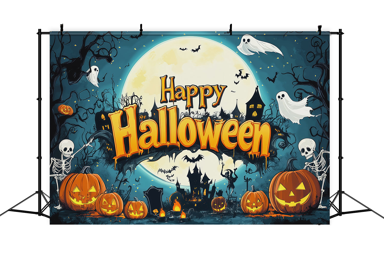 Backdrop Halloween Photo Booth Skeleton Pumpkin Moon Party Halloween Party Photo Backdrop RR67-120