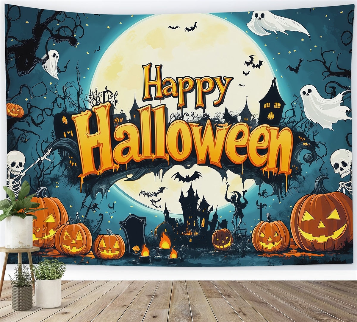 Backdrop Halloween Photo Booth Skeleton Pumpkin Moon Party Halloween Party Photo Backdrop RR67-120