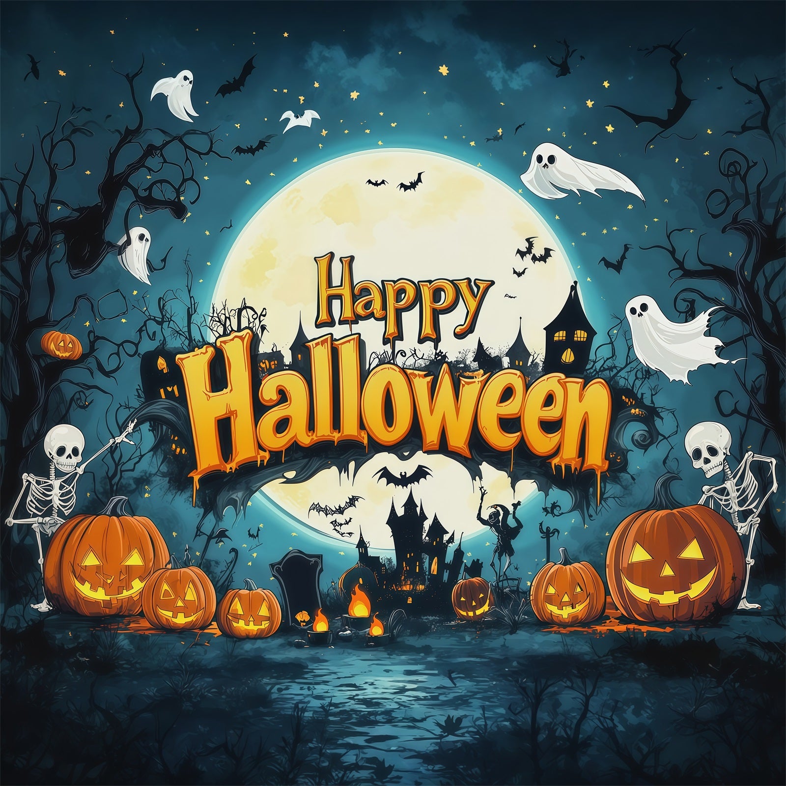 Backdrop Halloween Photo Booth Skeleton Pumpkin Moon Party Halloween Party Photo Backdrop RR67-120