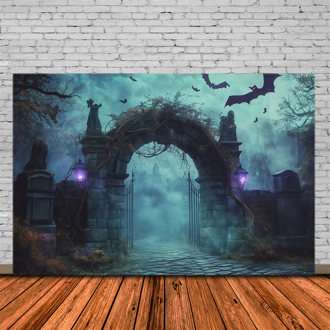 Halloween Backdrop Outdoor Foggy Cemetery Stone Arch Photo Backdrop Halloween RR67-121