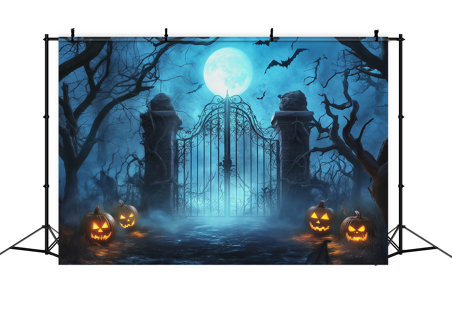 Halloween Spooky Backdrop Moonlit Fog Cemetery Gate Spooky Halloween Backdrops RR67-124