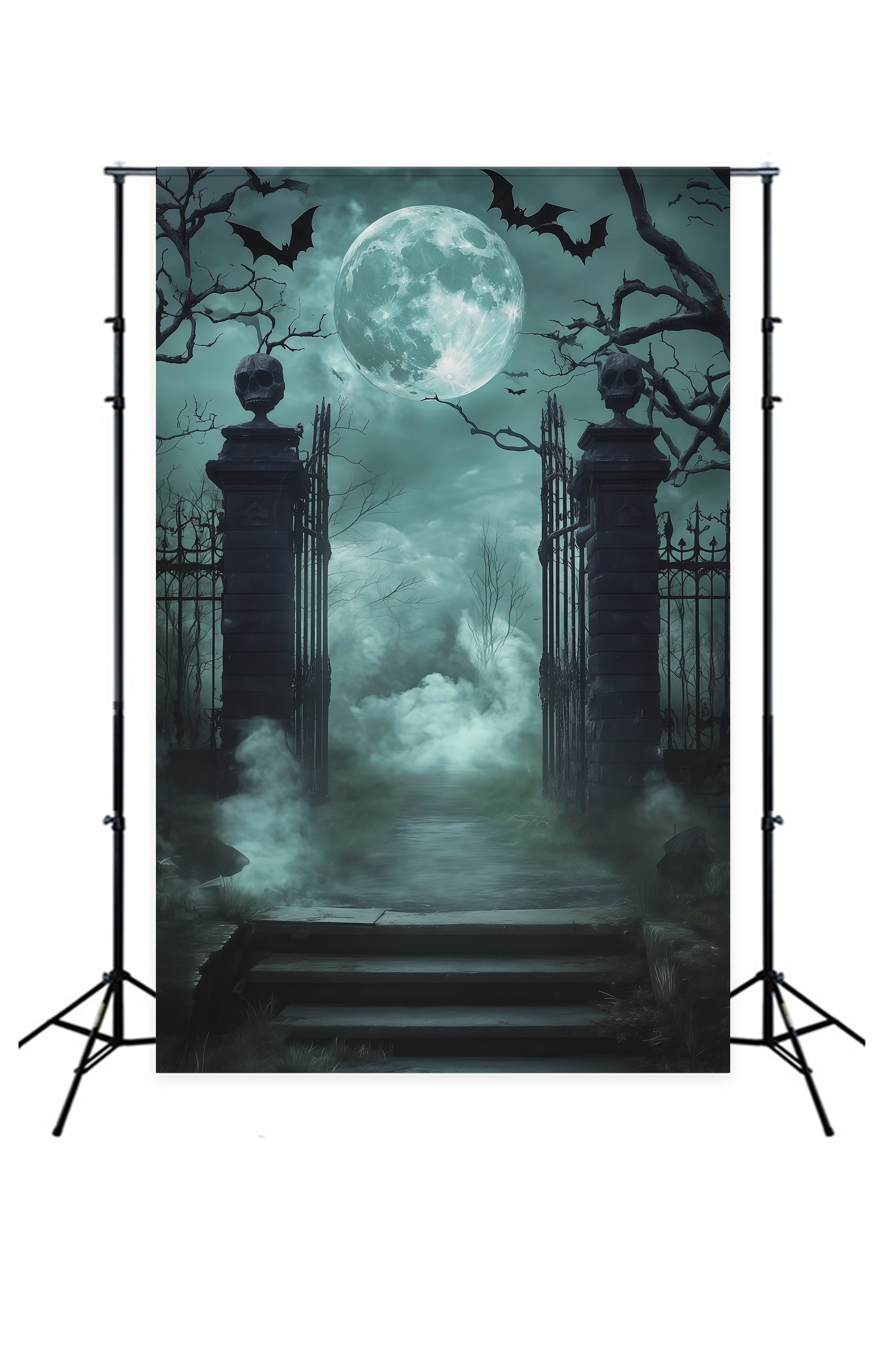 Scary Halloween Backdrop Ideas Skull Gate Foggy Cemetery Halloween Photoshoot Backdrop RR67-128