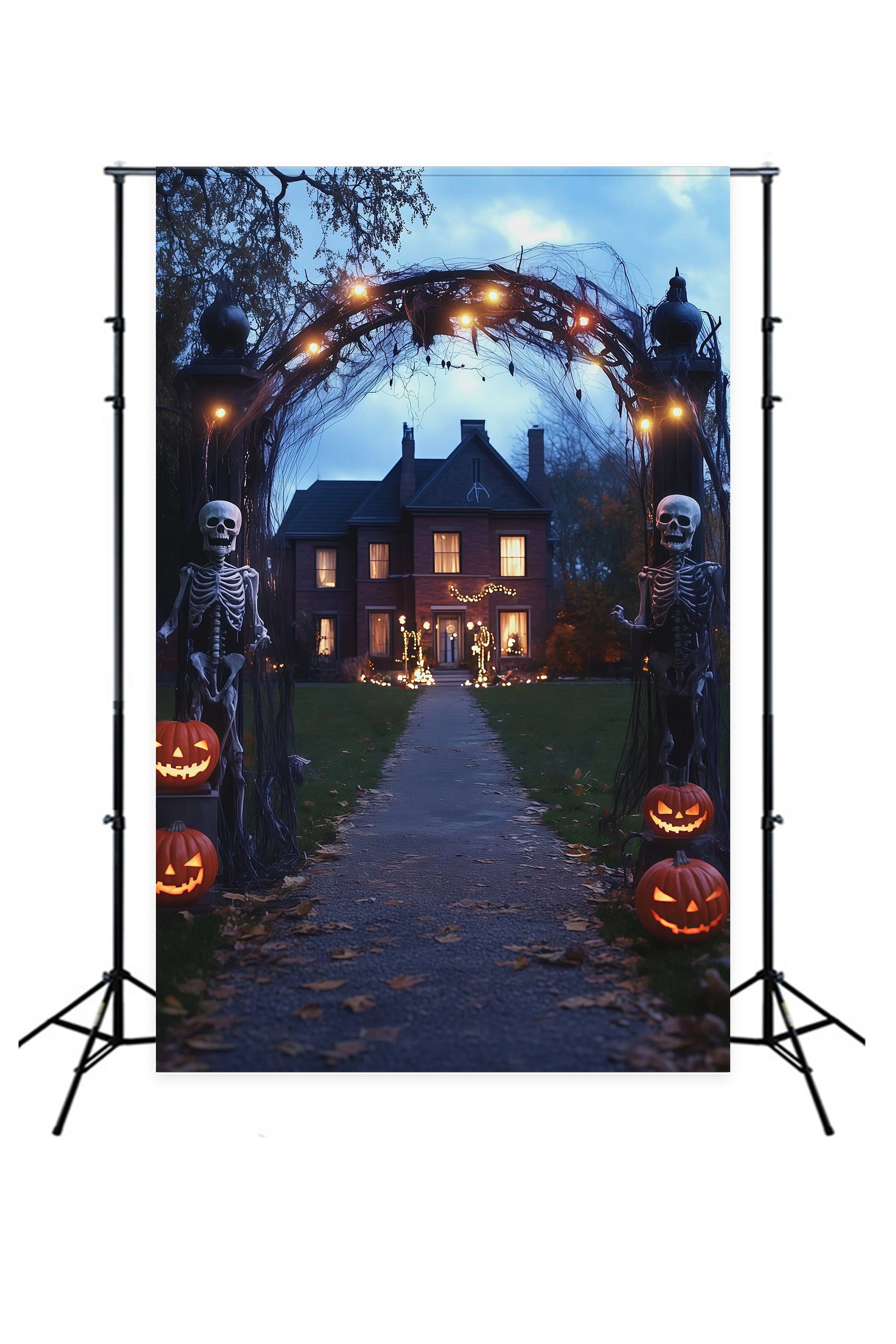 Fabric Halloween Backdrop Skeleton Arch Pumpkin Path Halloween Backdrop For Pictures RR67-129