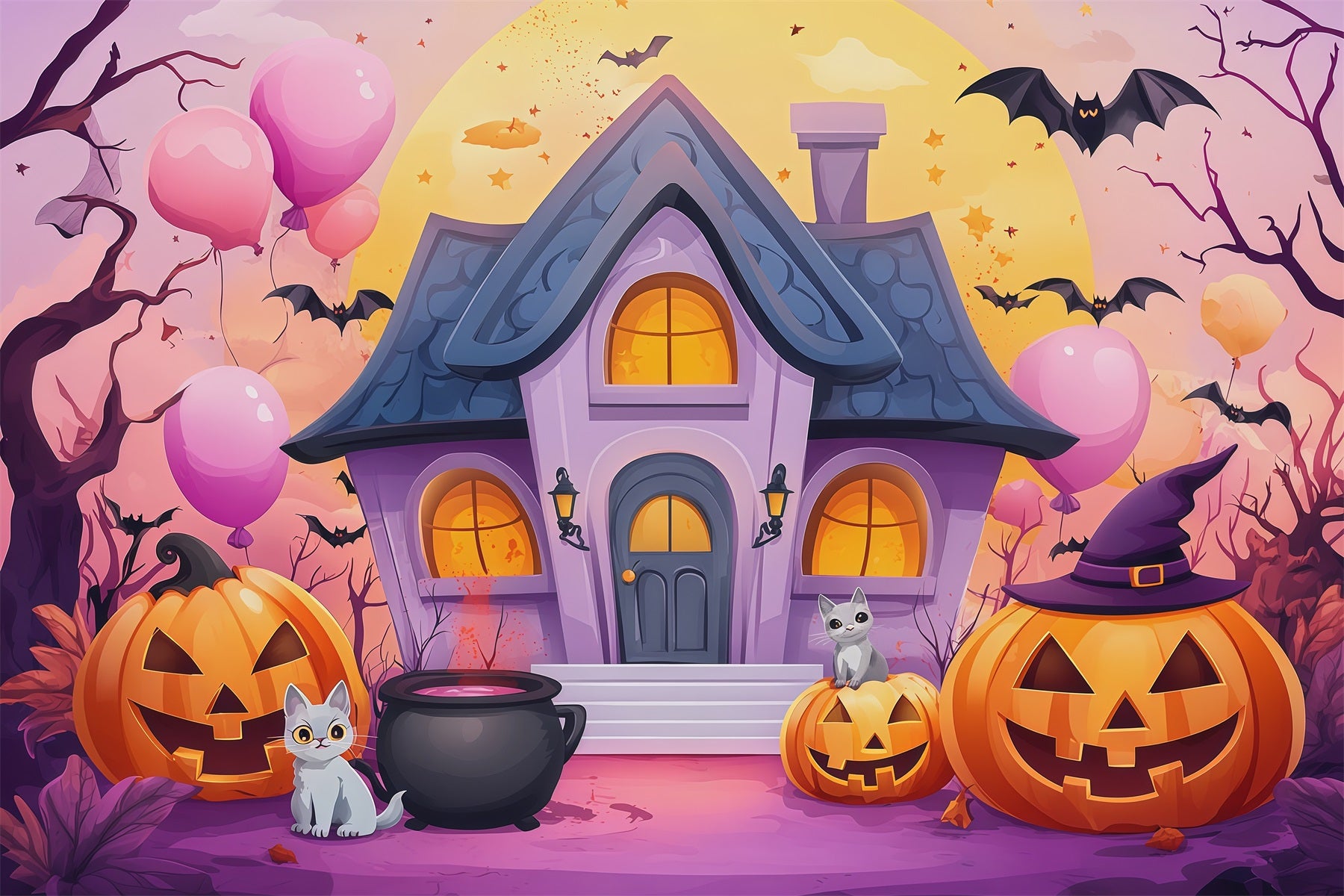 Cute Halloween Photo Backdrop Pastel Haunted House Pumpkins Backdrop Halloween RR67-13