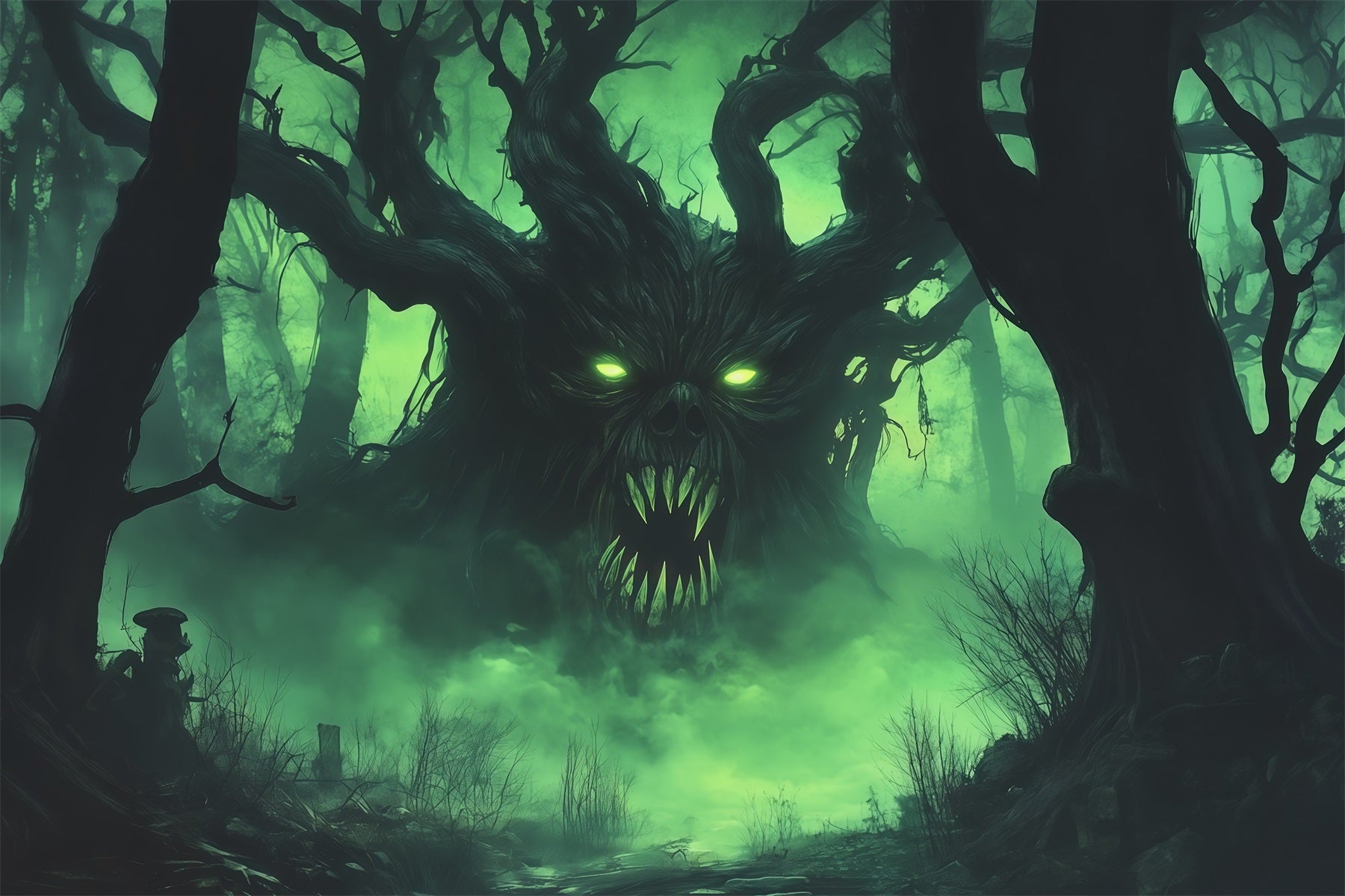 Halloween Forest Backdrop Green Mist Tree Monster Vintage Halloween Backdrop RR67-132