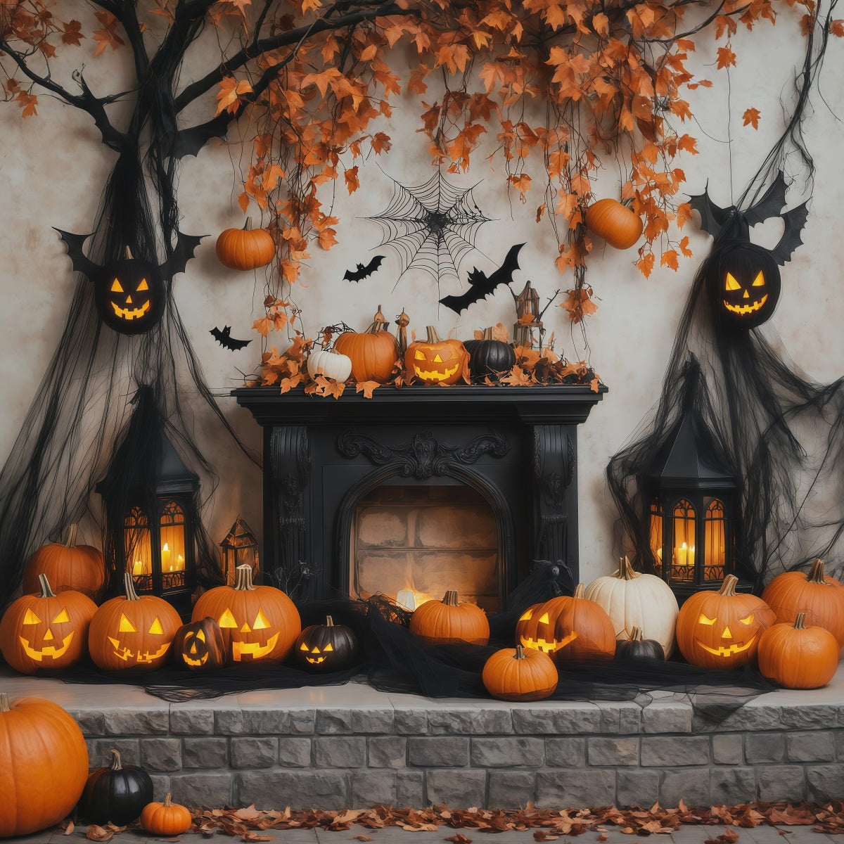 Halloween Backdrop Photo Booth Pumpkin Bat Fireplace Display Backdrops Halloween RR67-133