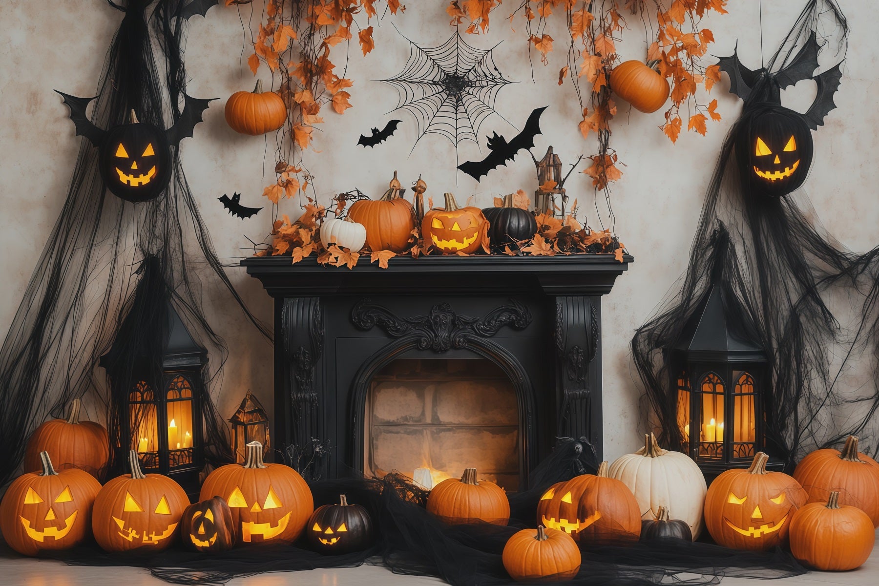 Halloween Backdrop Photo Booth Pumpkin Bat Fireplace Display Backdrops Halloween RR67-133