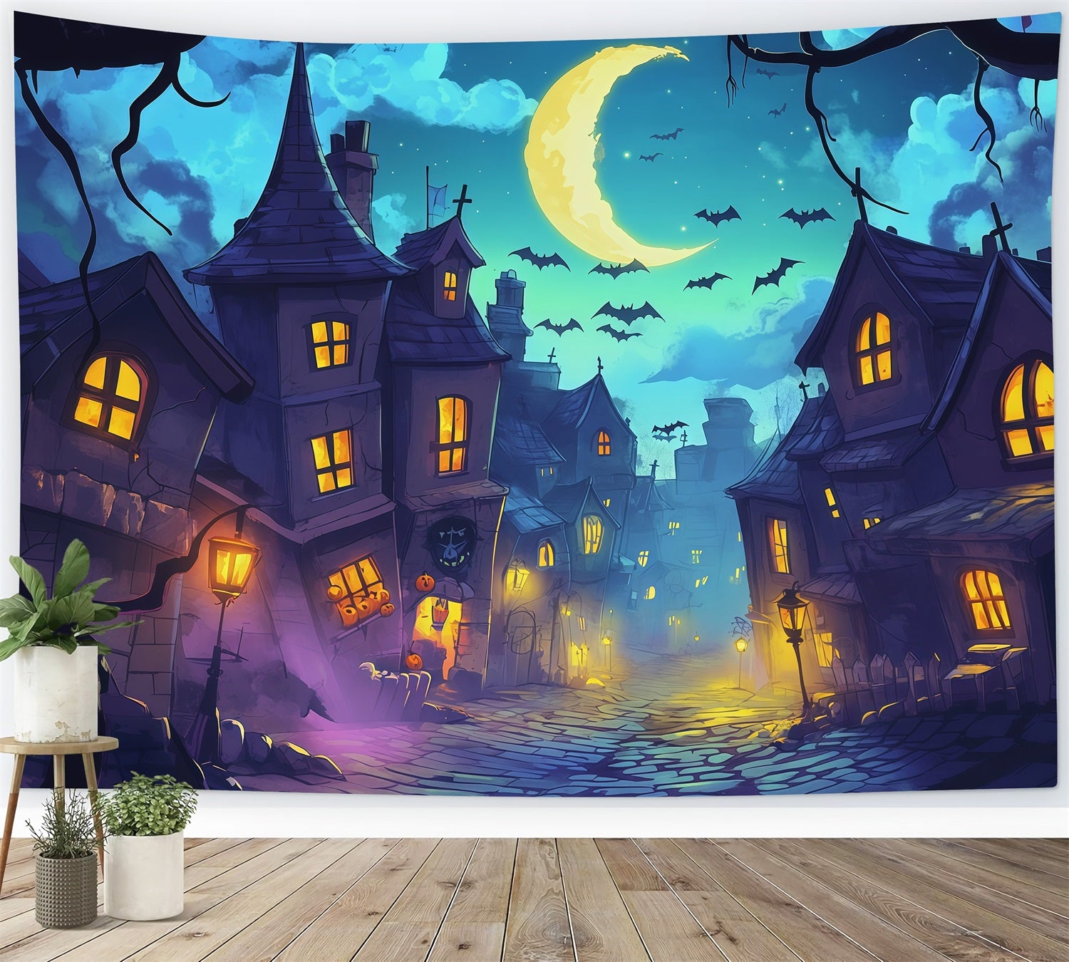 Photography Backdrops Halloween Moonlit Crooked Village Street Halloween Town Backdrop RR67-136