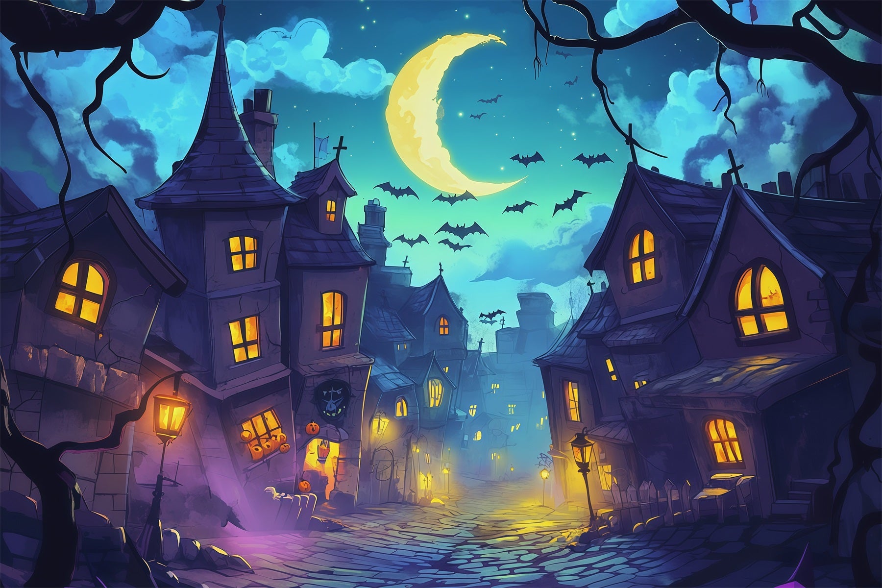 Photography Backdrops Halloween Moonlit Crooked Village Street Halloween Town Backdrop RR67-136