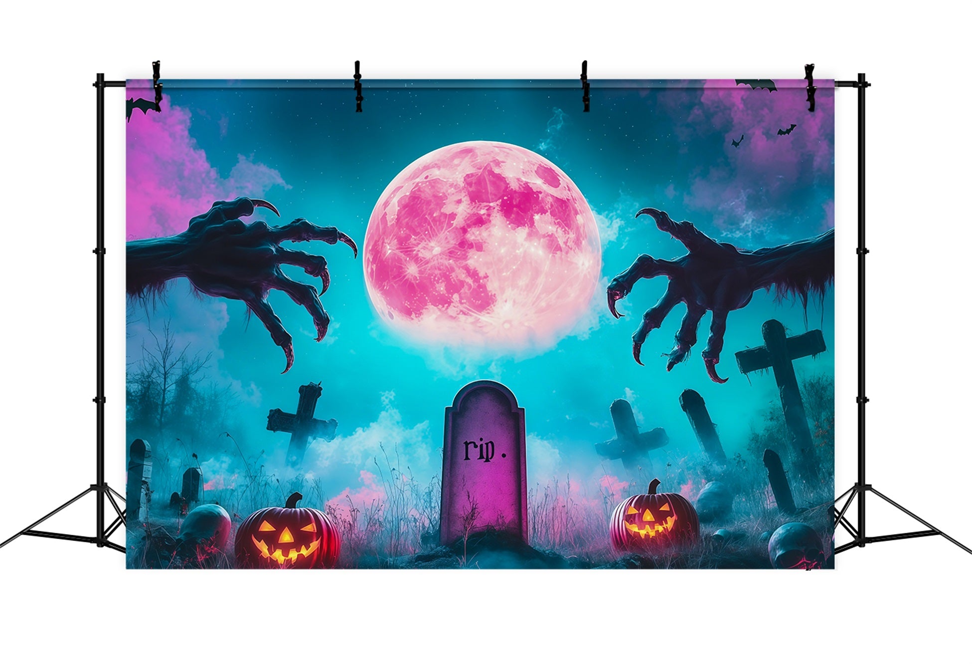 Custom Halloween Backdrop Pink Moon Graveyard Claws Halloween Graveyard Backdrop RR67-14