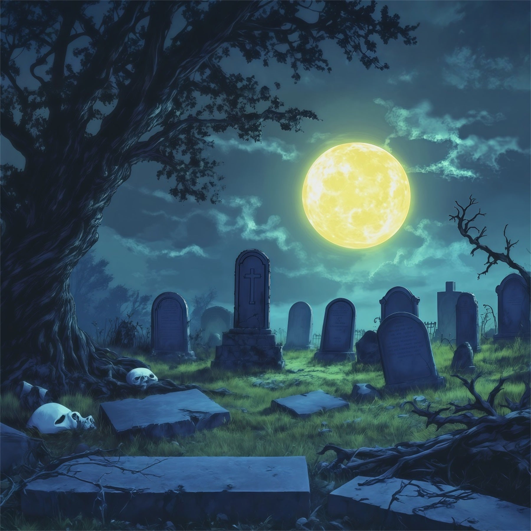 Halloween Cloth Backdrop Moonlit Skull Clearing Graveyard Halloween Backdrops RR67-142