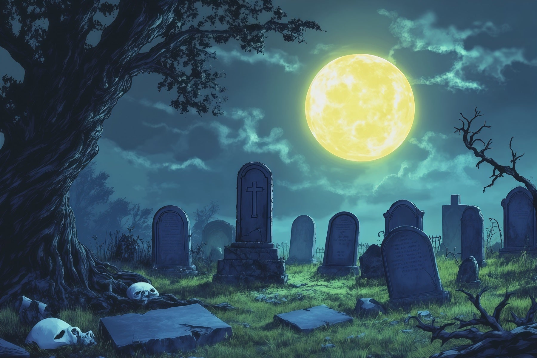 Halloween Cloth Backdrop Moonlit Skull Clearing Graveyard Halloween Backdrops RR67-142