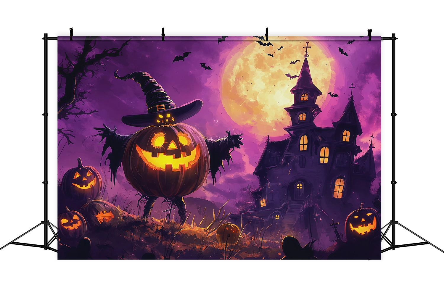 Halloween Party Photo Backdrop Ideas Moonlit Pumpkin Witch Mansion Creepy Halloween Backdrop RR67-144