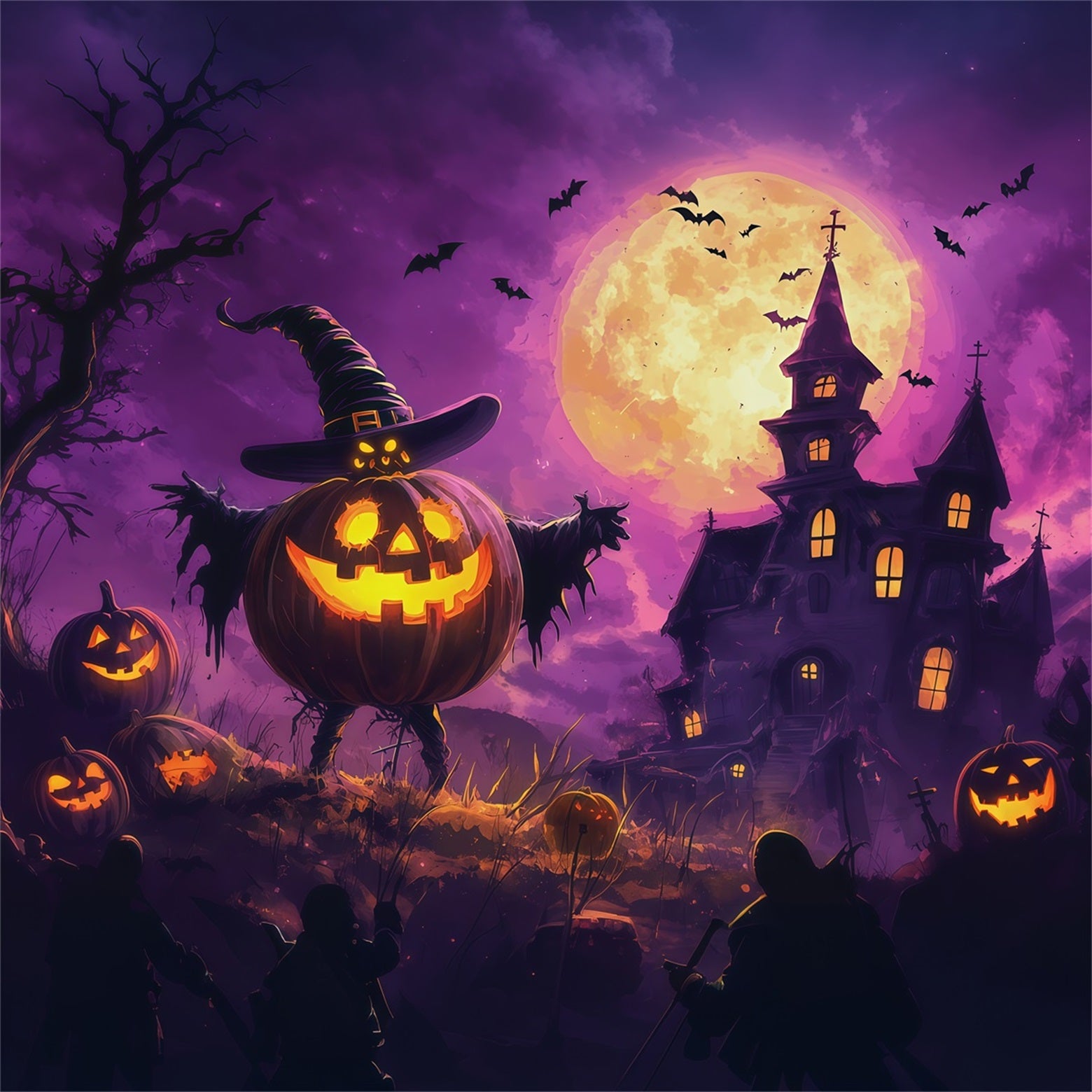 Halloween Party Photo Backdrop Ideas Moonlit Pumpkin Witch Mansion Creepy Halloween Backdrop RR67-144