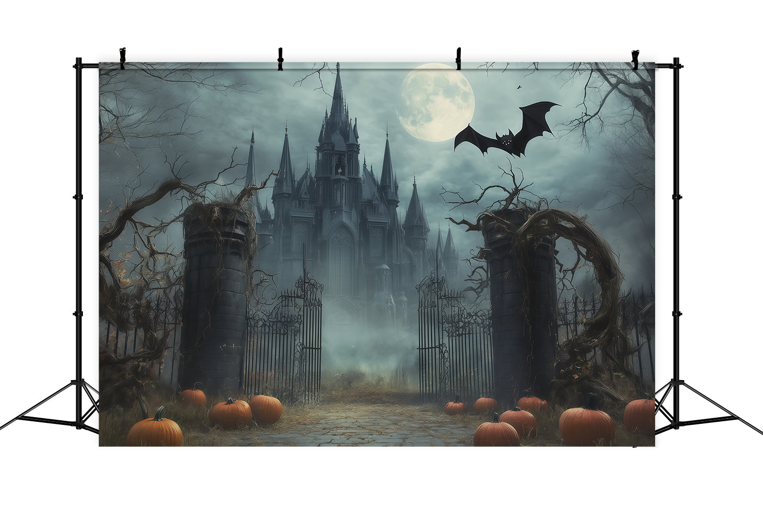 Scary Halloween Photo Backdrops Foggy Moonlit Gothic Gateway Happy Halloween Backdrop RR67-146