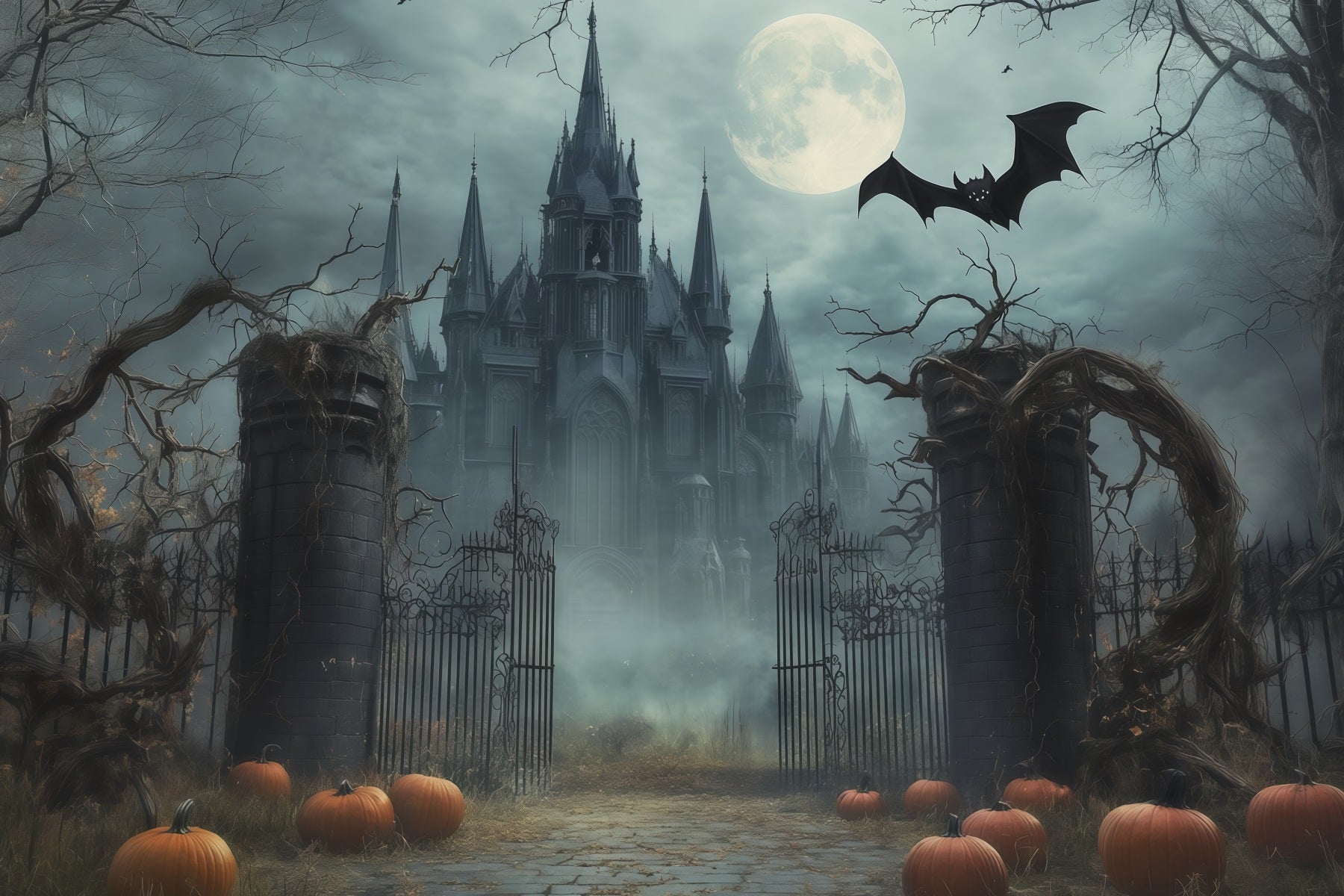 Scary Halloween Photo Backdrops Foggy Moonlit Gothic Gateway Happy Halloween Backdrop RR67-146