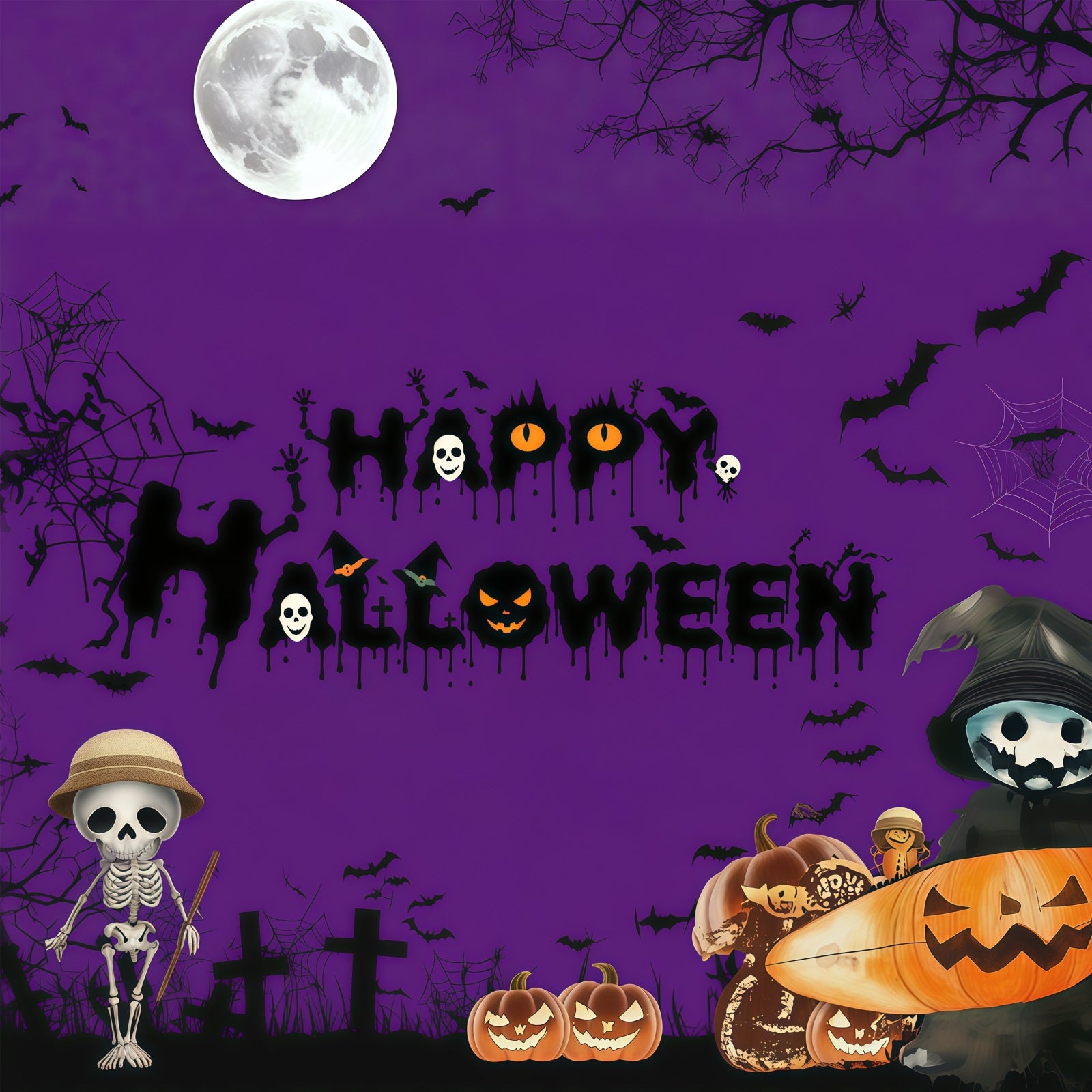 Photo Booth Halloween Backdrop Ideas Purple Skeleton Pumpkin Night Halloween Picture Backdrop RR67-15