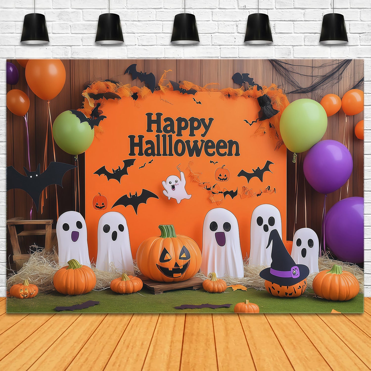 Halloween Party Picture Backdrop Cheerful Ghost Pumpkin Halloween Backdrop RR67-150