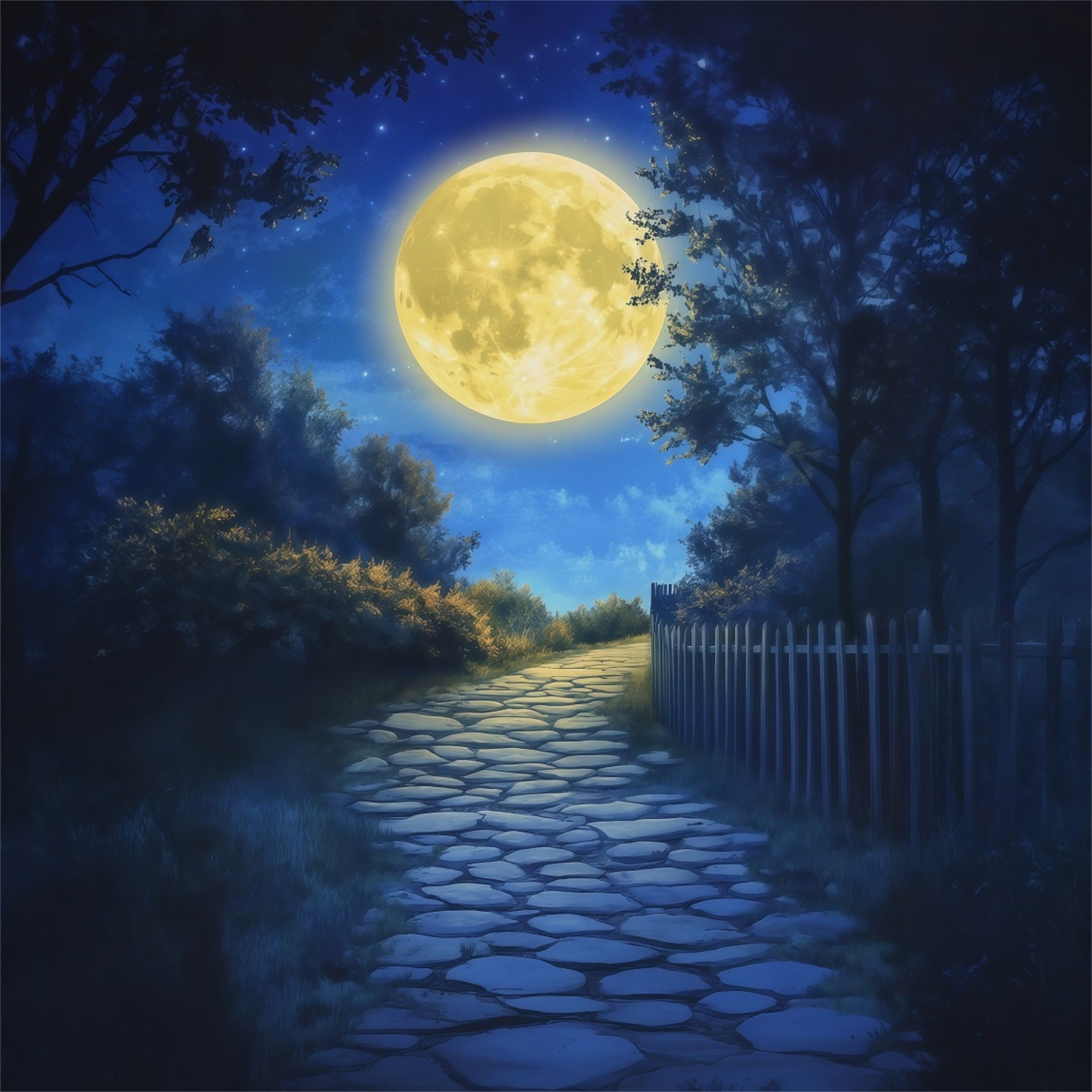 Halloween Moon Backdrop Moonlit Forest Cobblestone Path Halloween Photo Backdrops RR67-157