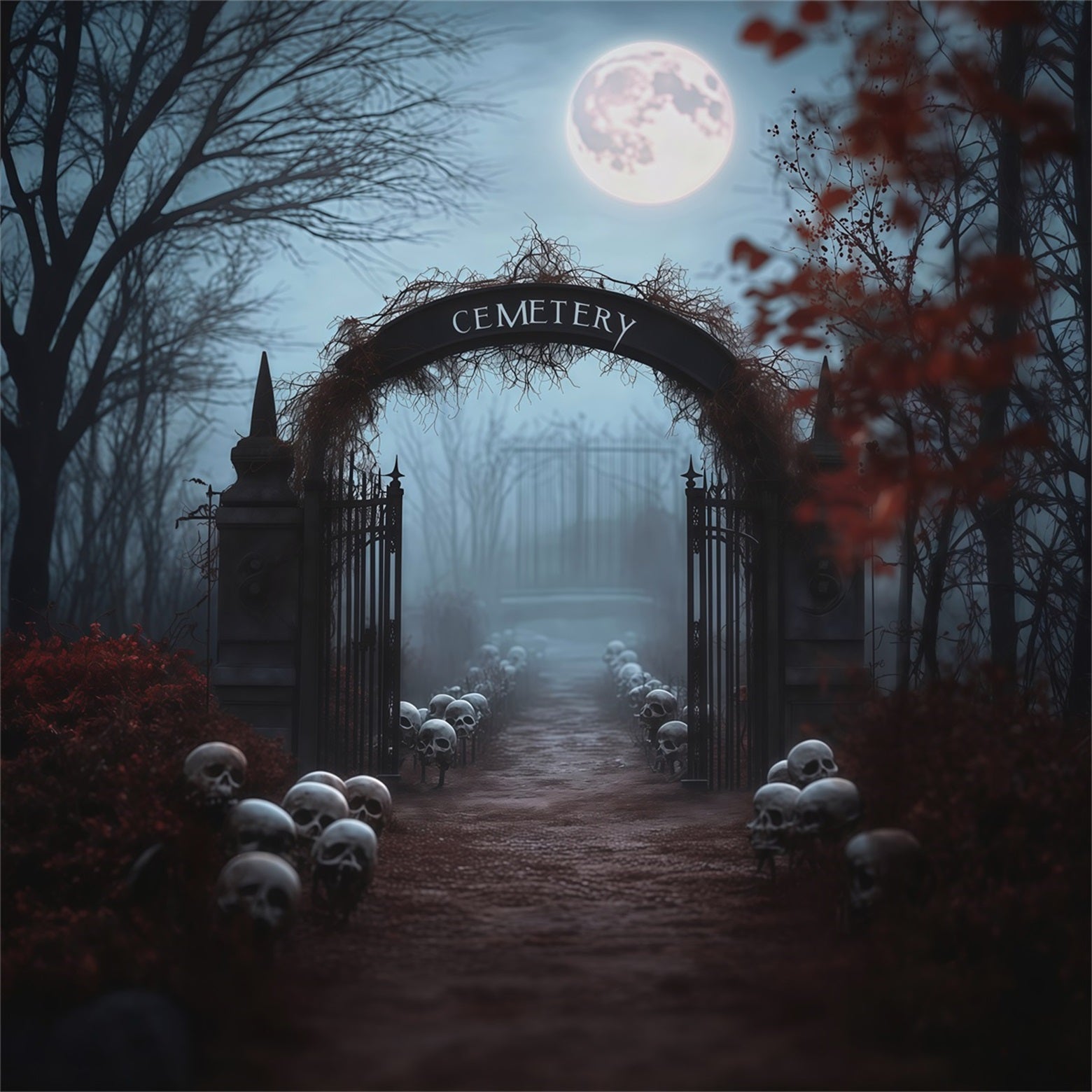 Halloween Outdoor Backdrop Foggy Skull Cemetery Entrance Halloween Backdrops For Photos RR67-160