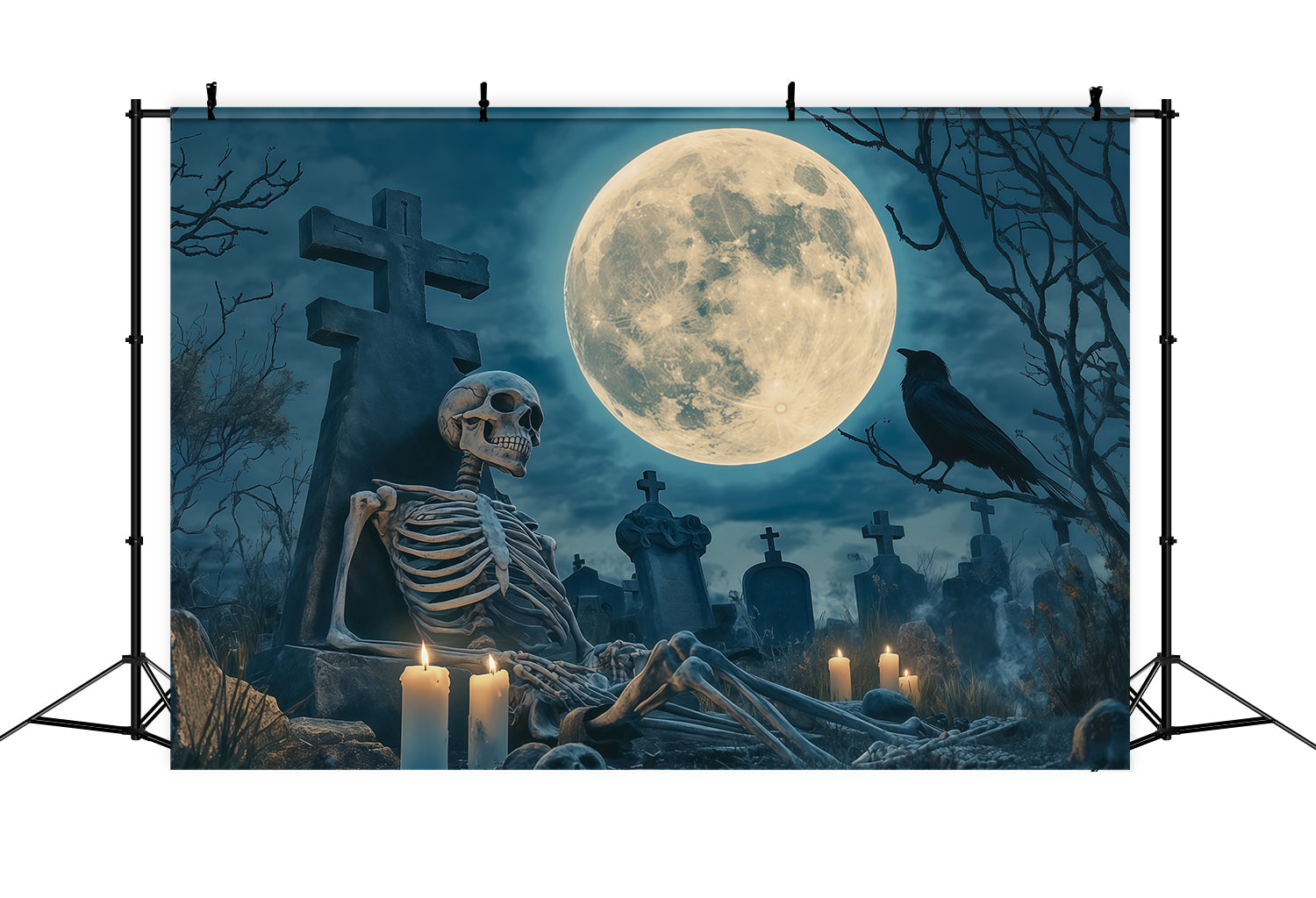 Halloween Skeleton Backdrop Moonlit Cemetery Vigil Black Halloween Backdrop RR67-163