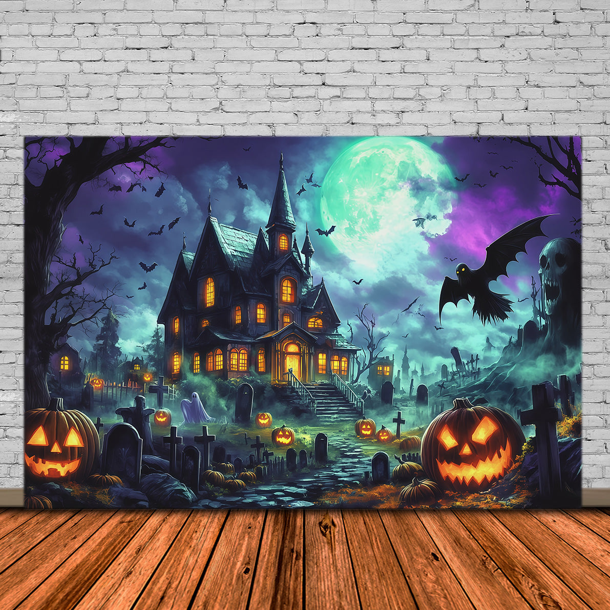 Halloween Backdrop Haunted House Moonlit Pumpkin Manor Magical Christmas Backdrop RR67-165